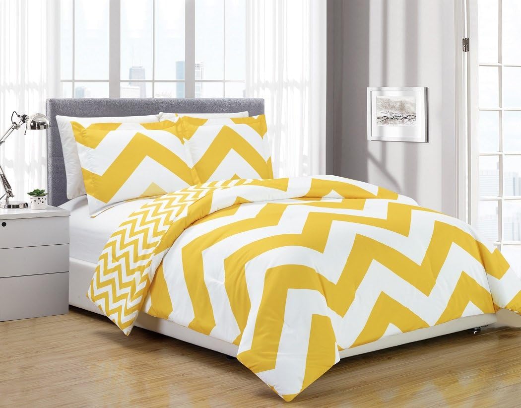 Chezmoi Collection 3-Piece Zig Zag Comforter Bedding Set (Queen, Yellow)
