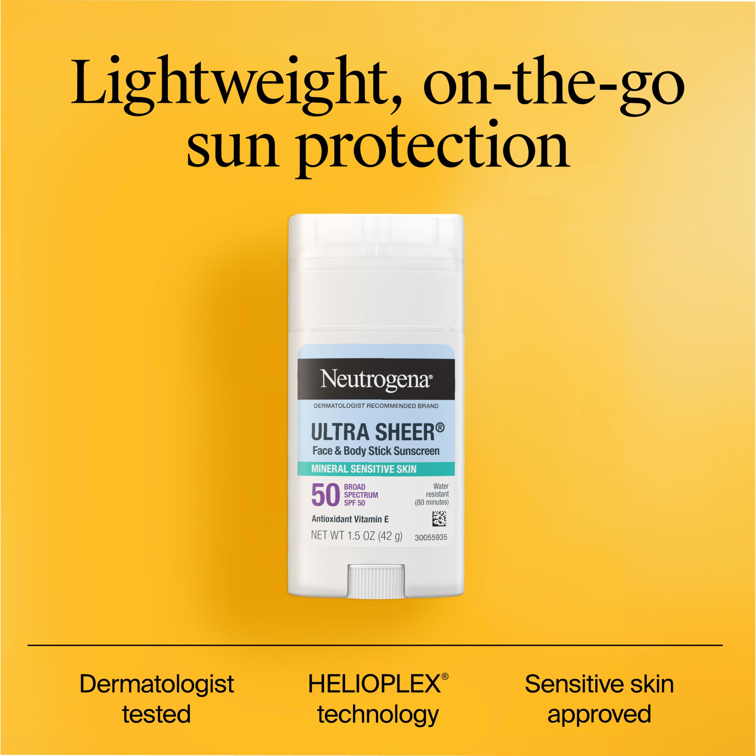 Neutrogena Baguette solaire minérale ultra transparente Dry Touch SPF 50 pour peaux sensibles, visage et corps, sans résidu blanc, non comédogène et végétalien, 42,5 g