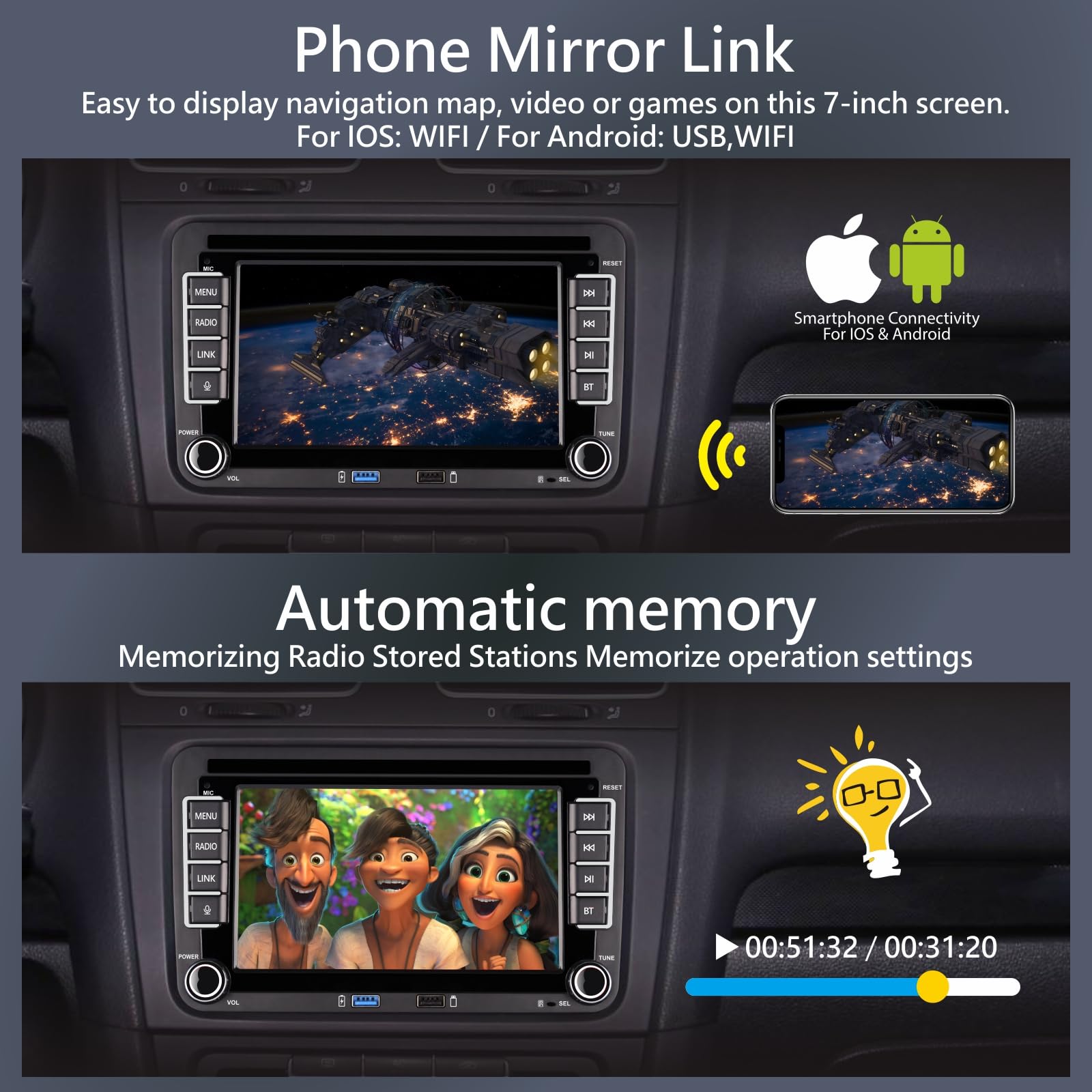 Linux Autoradio per Golf 5 6 Passat Jetta Caddy Polo cc Tiguan EOS Touran T5 Scirocco Wireless Carplay & Android Auto, con display IPS da 7 inch Bluetooth/FM/AM/USB/EQ/Touch
