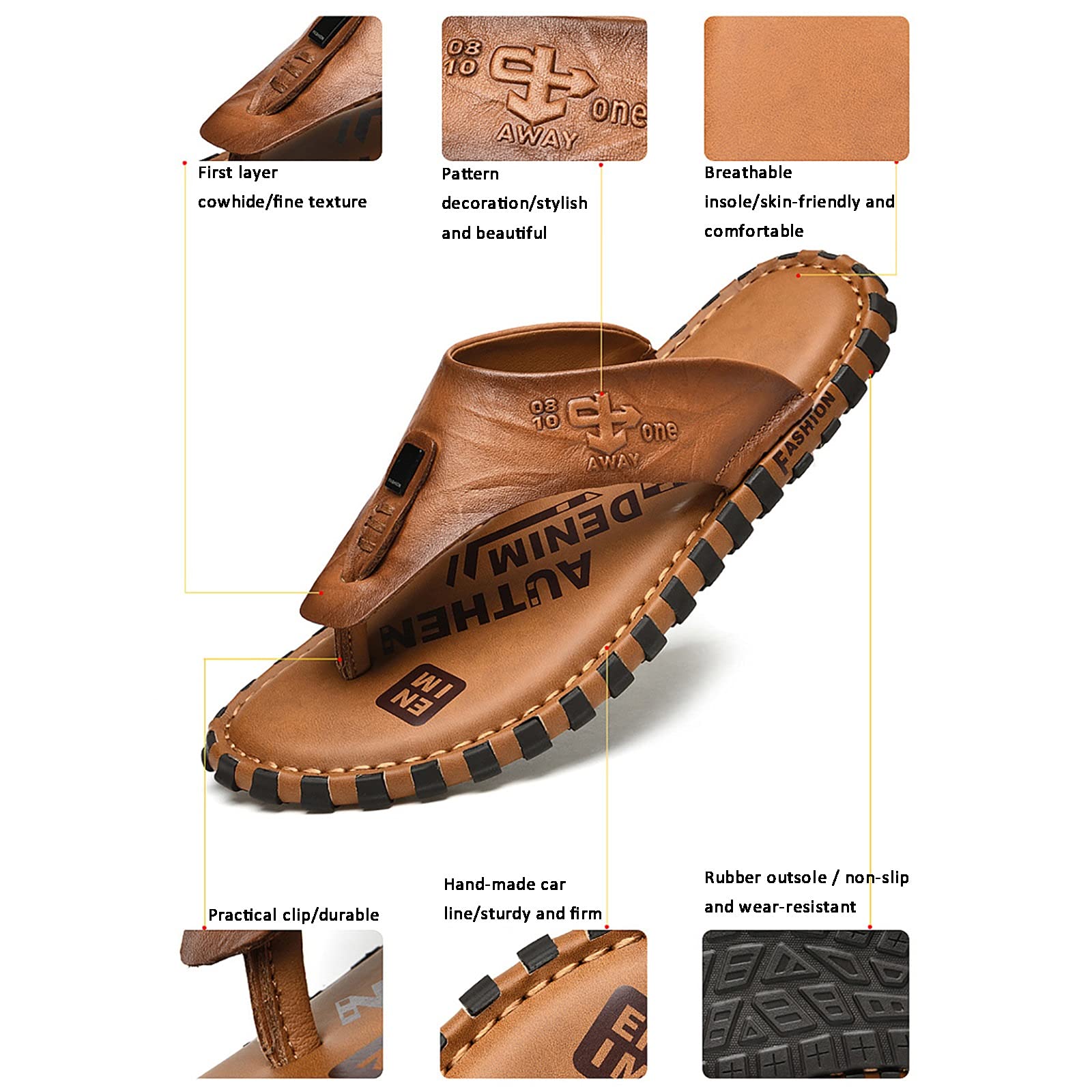 G&F Spiaggia Infradito Uomo Estate Pelle Punta Clip Sandali All'aperto Anti Scivolo Pantofole Piatte (Color : Khaki, Size : 40)