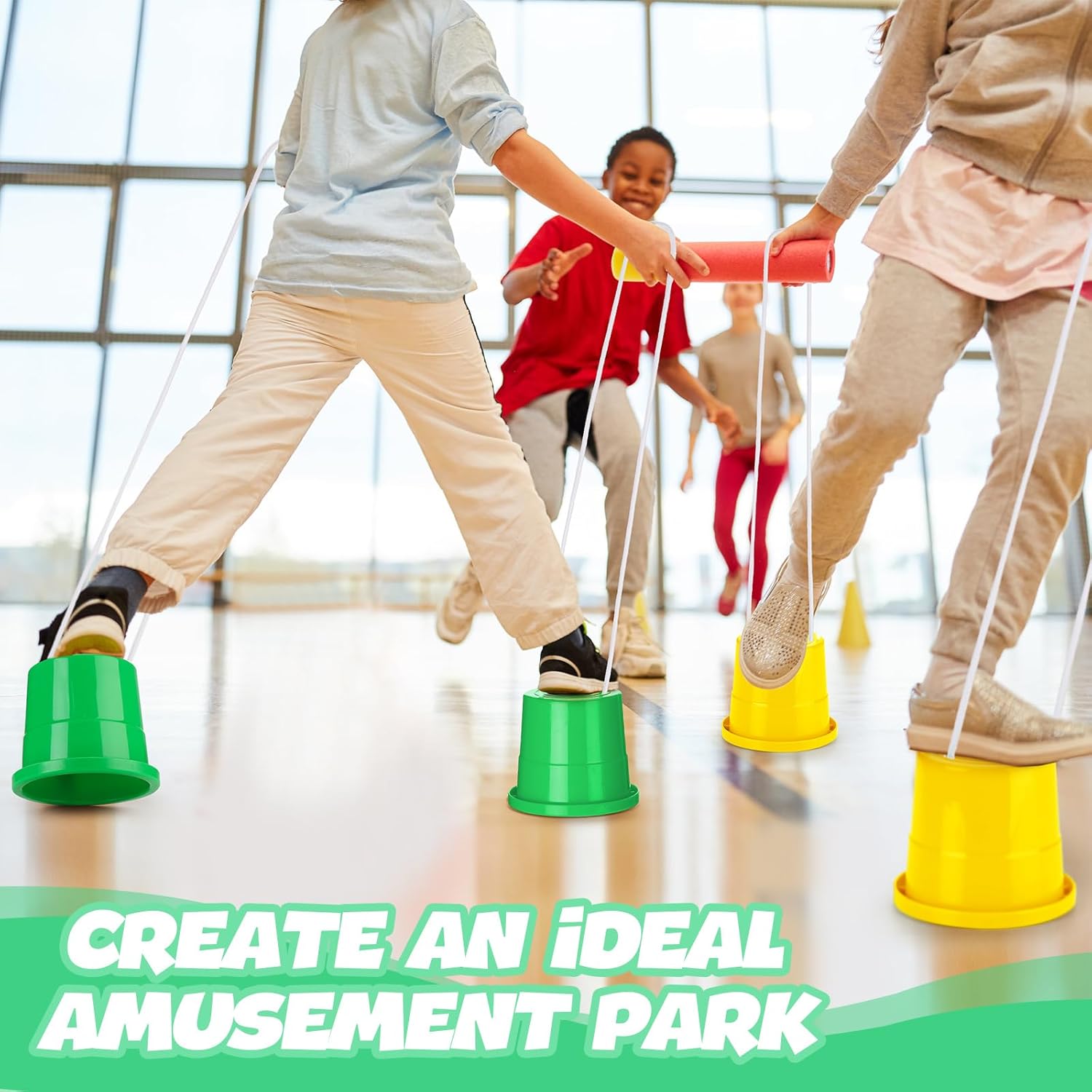 Meooeck 2 Pairs Walking Stilts Balancing Bucket Cup Thickened Plastic Stilts with Adjustable Rope for Kid Balance Coordination Birthday Playground Game Party Favor