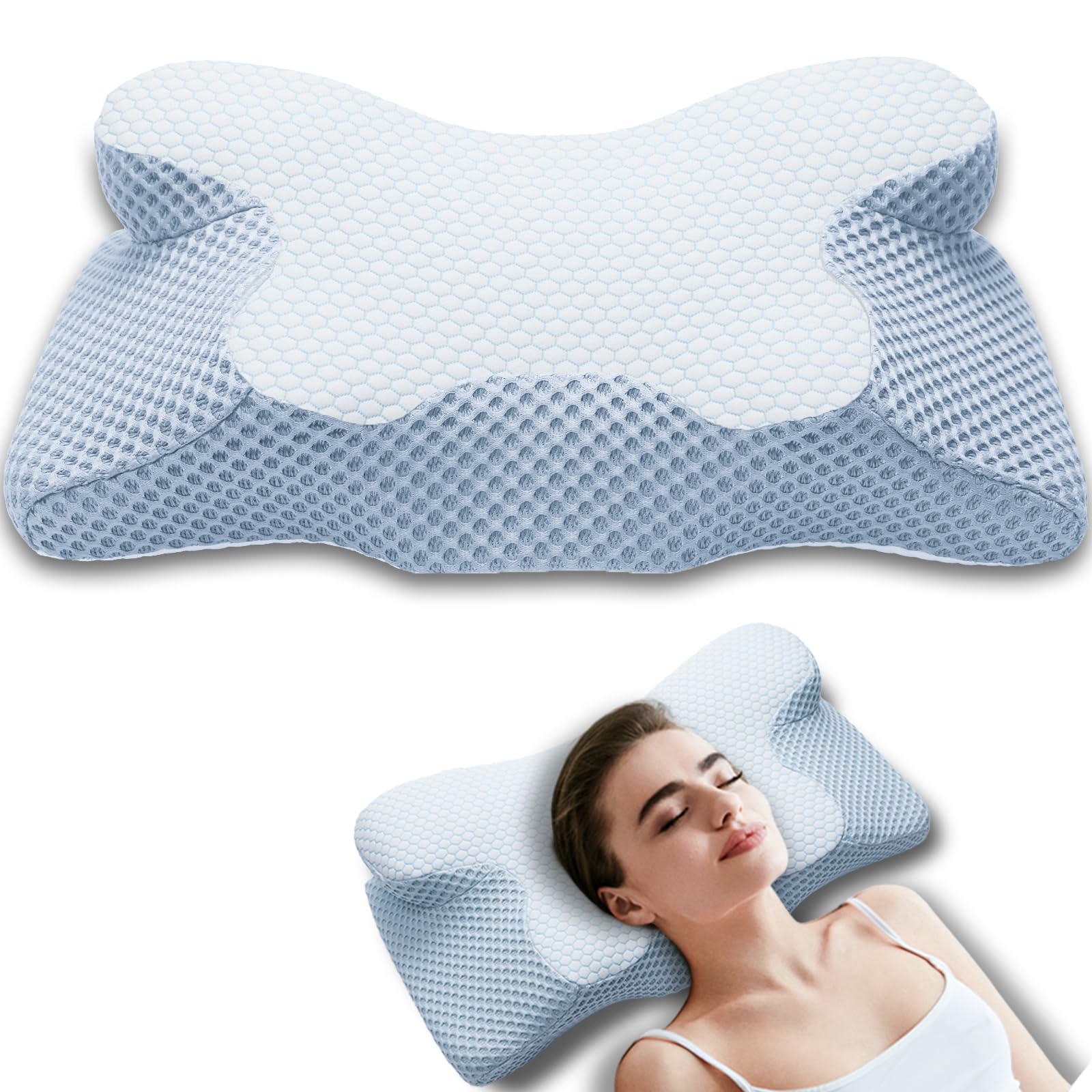 Memory Foam Neck Pillow for Pain Relief, For Shoulder and Cervical Support, Ergonomic Design with Removable Washable Pillowcase (Blue)