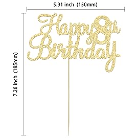 Gyufise 1Pc Gold Happy 8th Birthday Cake Topper Glitter 8th Birthday Cake Pick Cheers to 8 Years Old Eight Fabulous Cake Decorations for 8th Birthday Theme Party Supplies