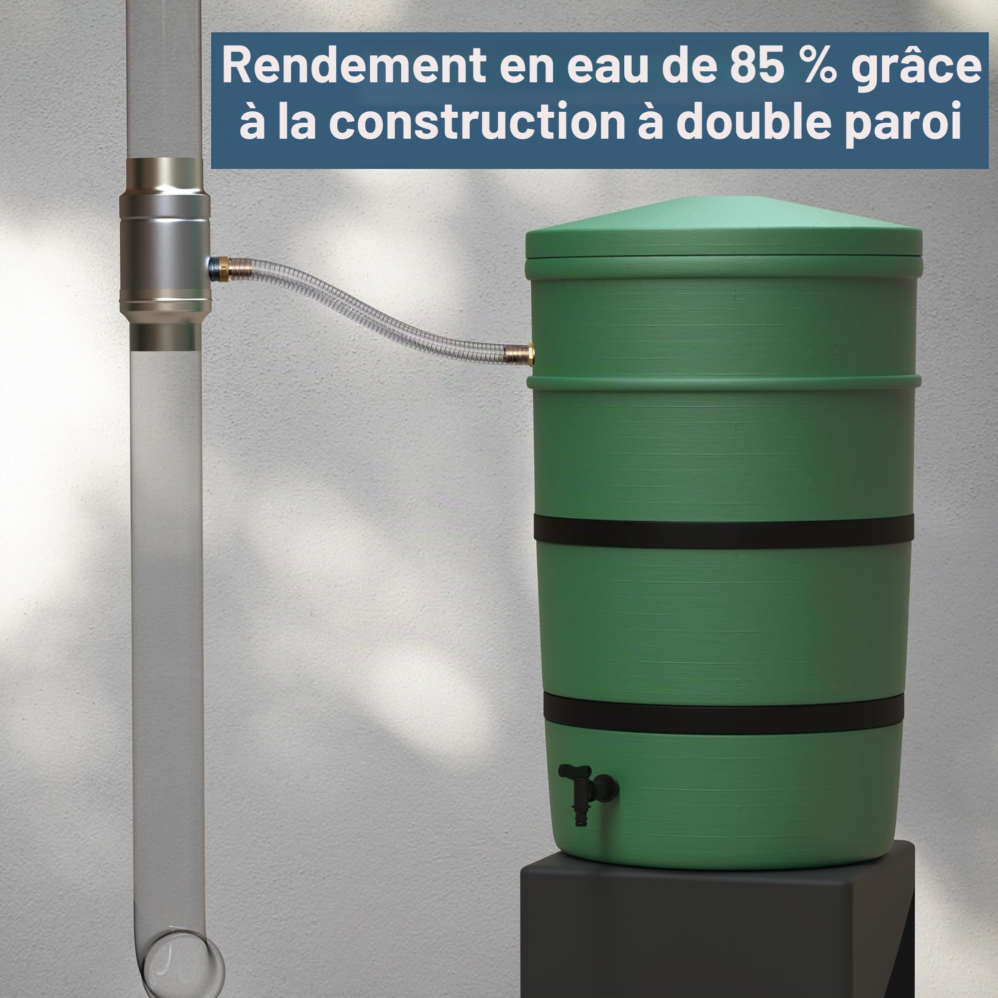 IGarden Collecteur d'eau de pluie de 87 mm avec raccord de tuyau et de tonneau de 45 cm pour le tuyau de descente, tôle d'acier galvanisée + collecteur d'eau en aluminium, construction à double paroi