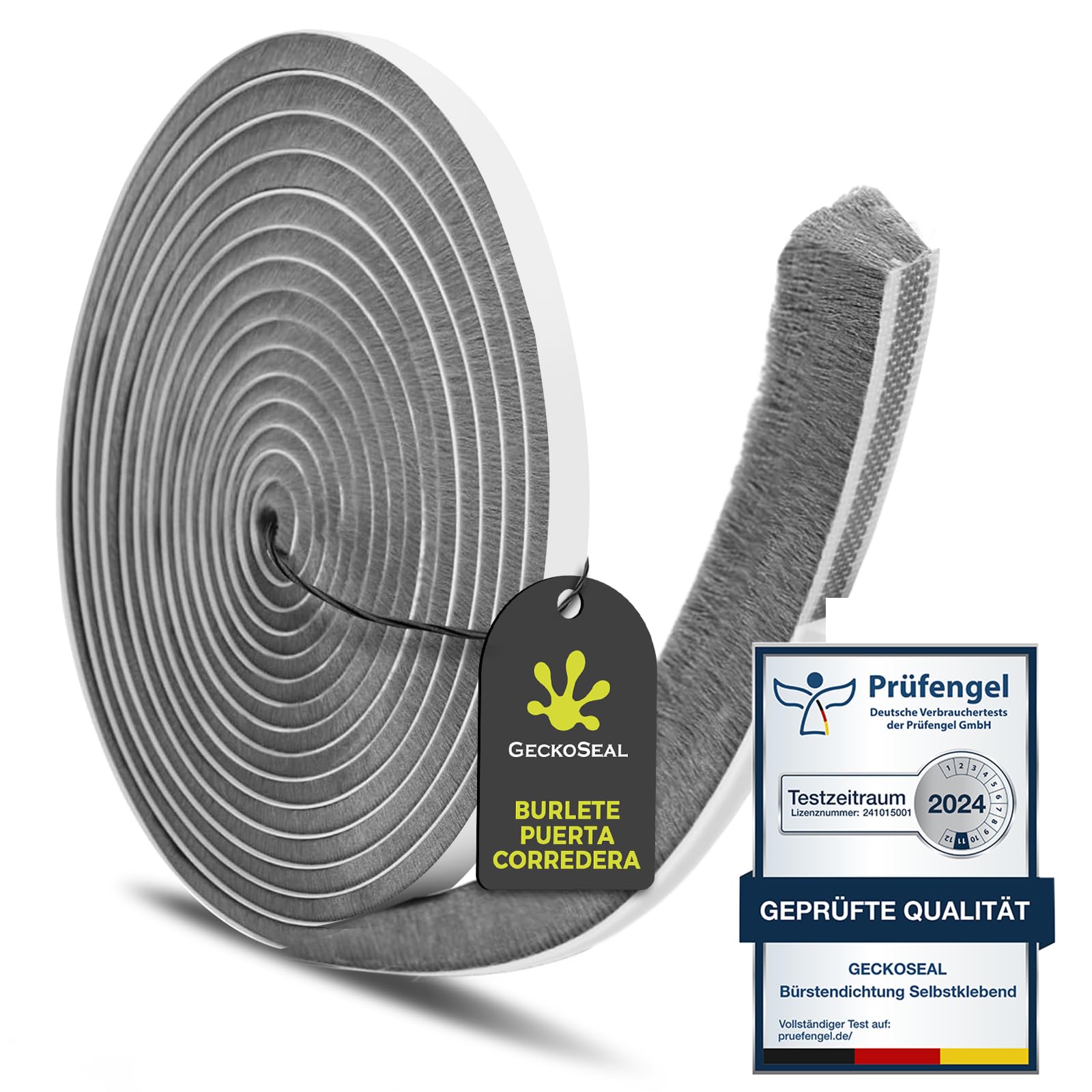 GeckoSeal Burlete Puerta 6m, Burlete Cepillo Autoadhesiva, Protegida Contra el Polvo, Bloqueo de Viento, Reducción del Ruido, Burlete Puerta Corredera Para Puertas, 6 m (L) x 9 mm (A) x 15 mm (G)