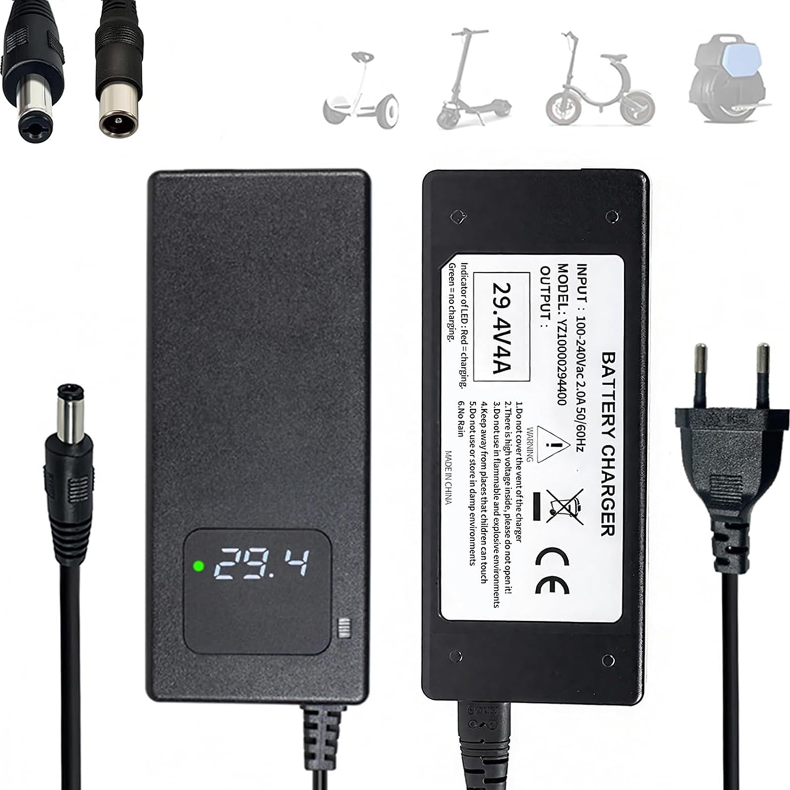 Chargeur rapide universel 29,4 V 4 A avec trois ports, parfait pour les appareils de mobilité personnelle. Avec surveillance de la tension en temps réel, chargement optimisé et large compatibilité.