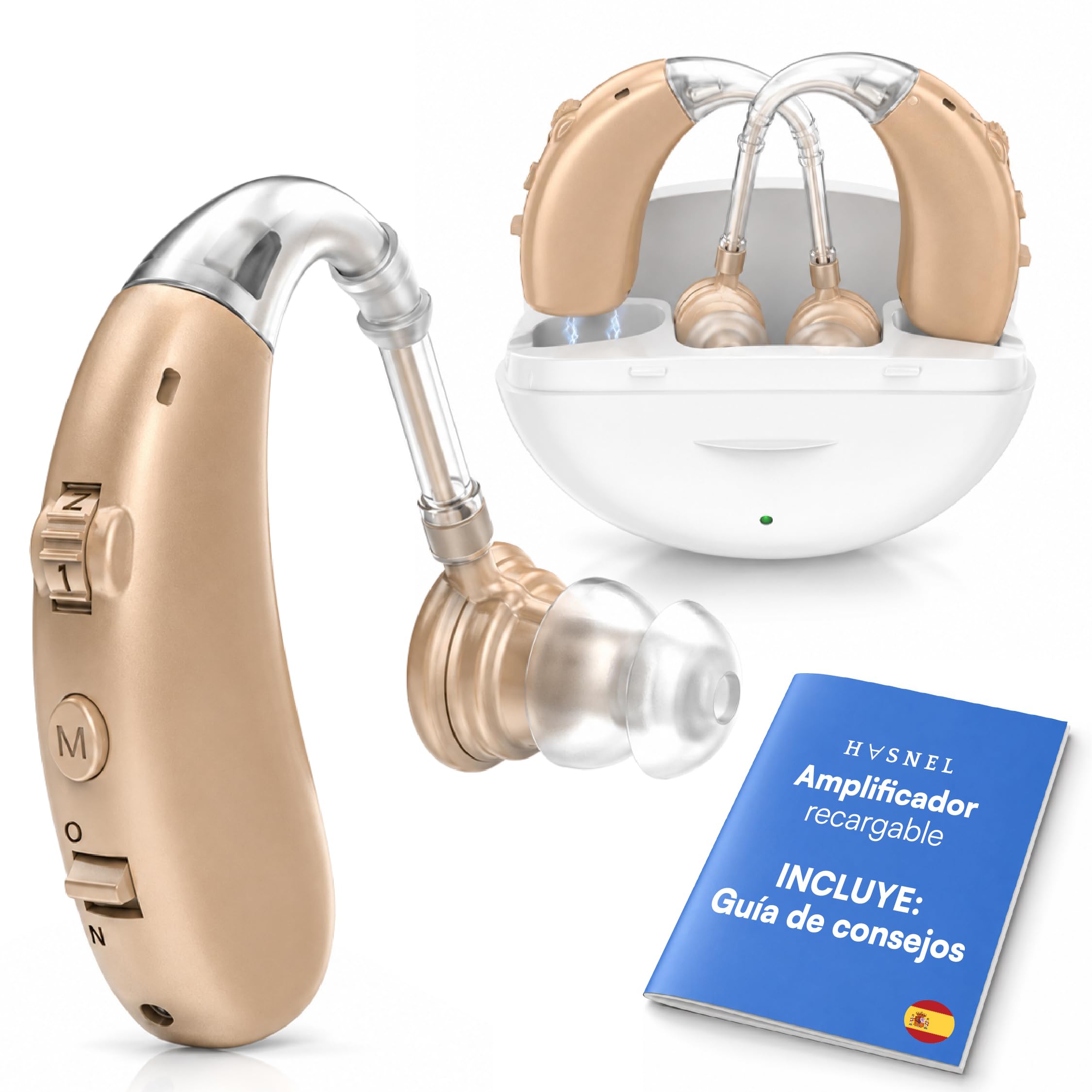 Amplificador de Sonido Recargable, Amplificador Auditivo BTE, Estuche Portátil Carga Rápida, 2 Unidades Intercambiables Válidas para Ambas Orejas, Manual en Español, Larga Duración 60 Horas