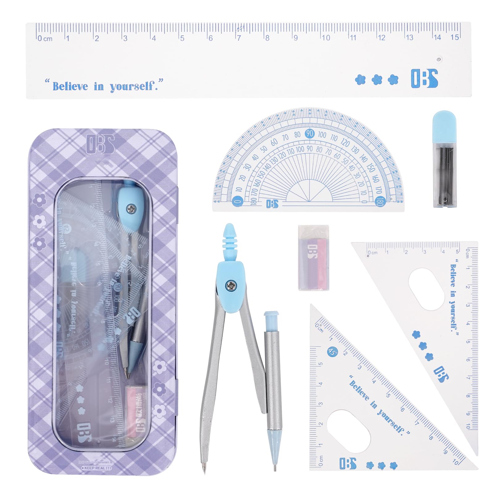 Set Geometria 10 Pezzi Per Scuola - Compasso, Righello, Goniometro, Matita E Accessori In Custodia Trasparente