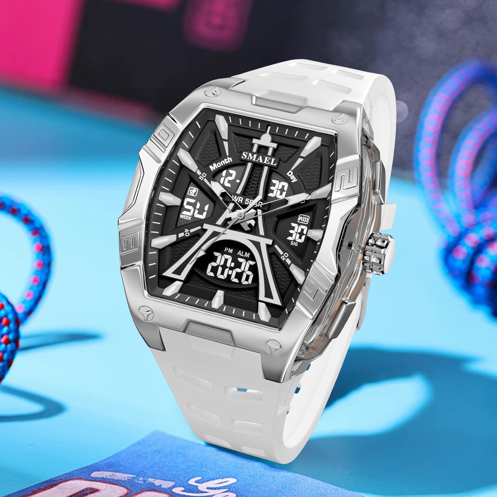 Gosasa Montre de sport analogique et numérique pour homme - Résistante à l'eau jusqu'à 50 m - Avec rétroéclairage LED, chronomètre, alarme, date et semaine - Bracelet en silicone