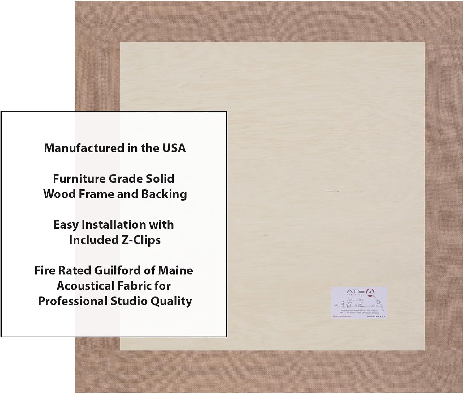 Sound Absorbing Acoustic Panel with Sona Fabric, NRC 1.0, Fire Rated, 24" x 24" x 2" Square Edge (Tan)