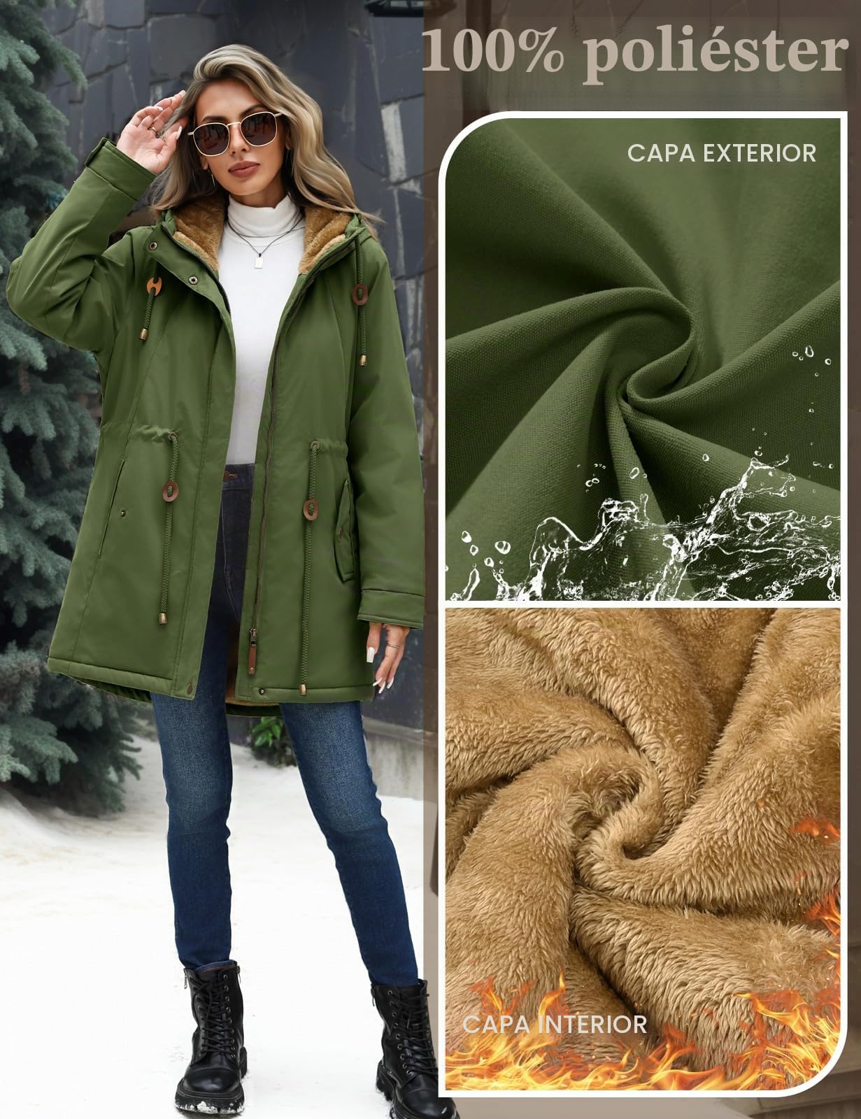 Vancavoo Abrigo Mujer Invierno Parka con Forro Polar Grueso | Parka con Capucha, Cintura Ajustable, Puños de Canalé, Bolsillos Oblicuos, Cremallera y Botones a Presión
