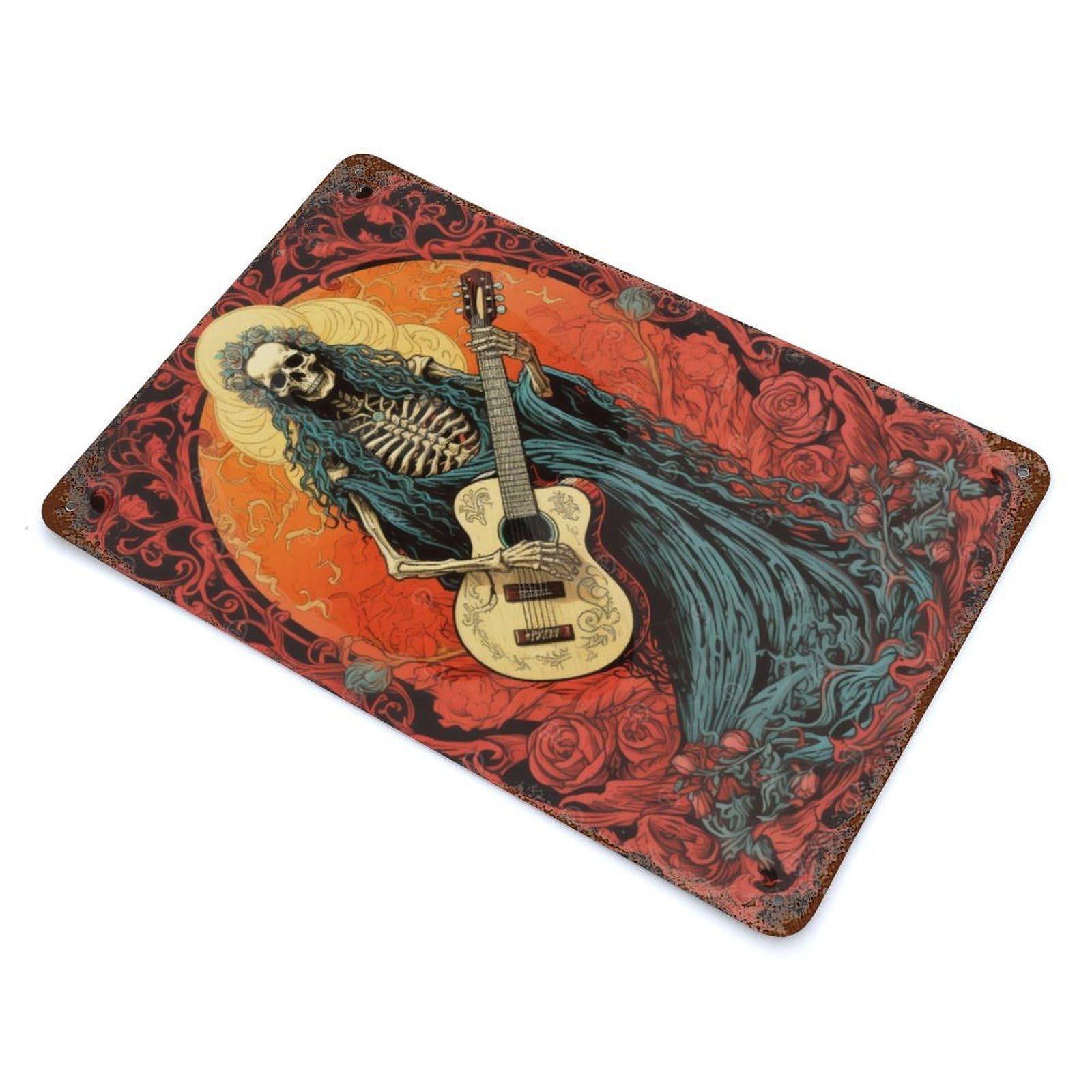 Rust Effect Skeleton Playing Guitar Decorative Tin Sign 11.8"x7.9", Vintage Wall Decor for Farmhouse, Kitchen And Entryway Decor