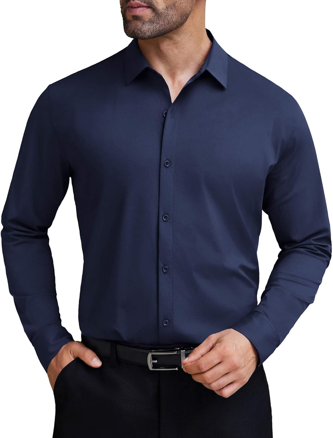 COOFANDY Mens Stretch Dress Shirts Muscle Fit Wrinkle Free Long Sleeve Button Down Shirt Business Casual Shirts Navy Blue X-Large