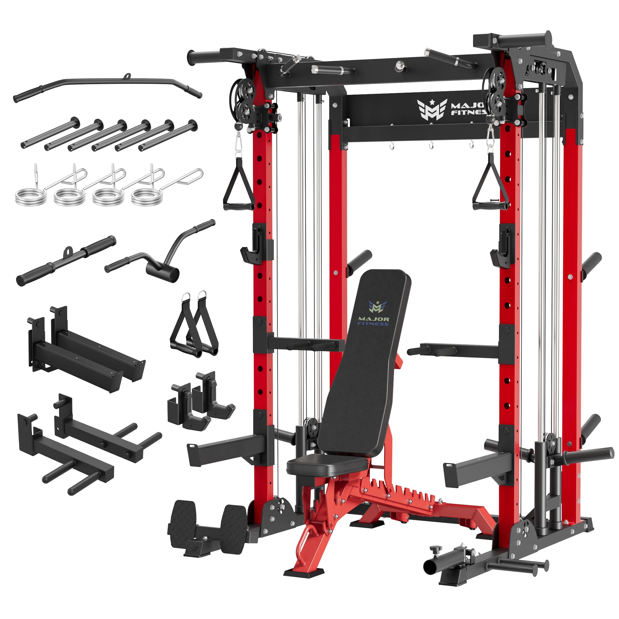 MAJOR FITNESS F22 Power Rack, 1600lbs All-in-One Squat Rack with Dual Pulley System, Heavy-Duty Steel Frame, Attachments & Storage for Home Gym Strength Training