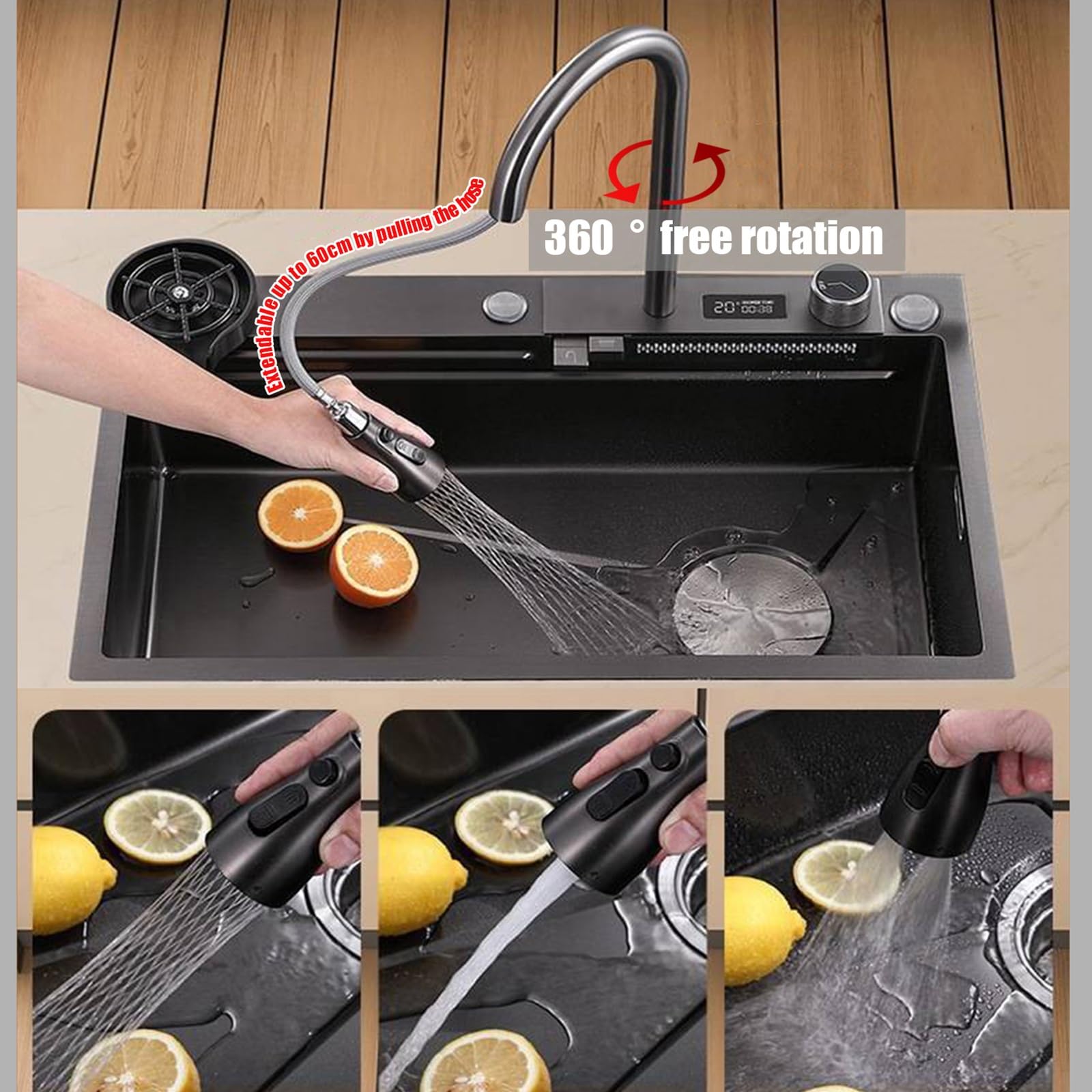 Lavello da Cucina Lavello a Cascata Nano Raindance con Dispaly Digitale,Acciaio Inox Lavello Nano-Coated Workstation Lavello,con Pull-out Rubinetto E Tazza Washer Easy-to-Clean ( Size : 75*45cm )