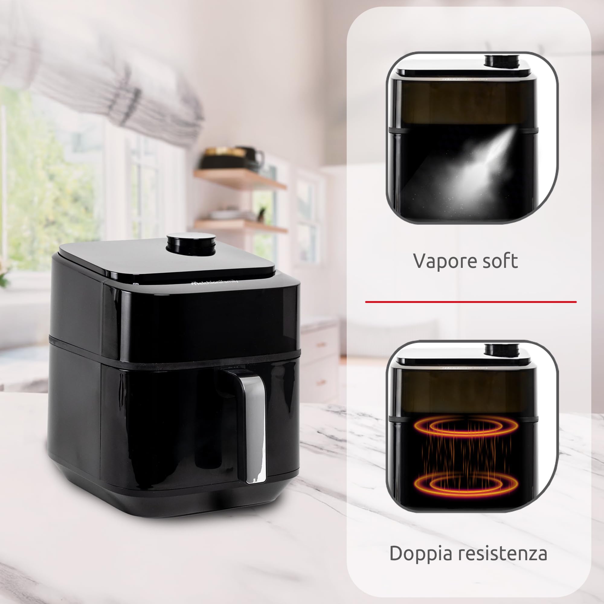 Frytkownica Melchioni Family z miękką parą, podwójna rezystancja, pojemność 6,5 l, cyfrowy wyświetlacz i 8 zaprogramowanych programów, cicha, regulowana temperatura 80-200°C, timer 60 min,