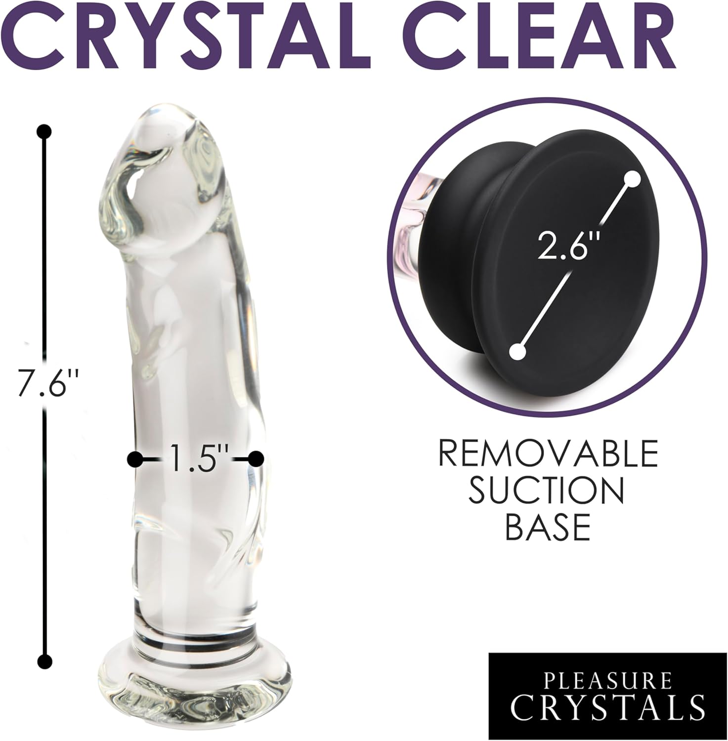 Pleasure Crystals 7" Glass Dildo with Silicone Base for Men, Women & Couples. Realistic Texture, Includes Removable Silicone Suction Cup, Ideal for Temperature Play. 2 Pieces, Clear.