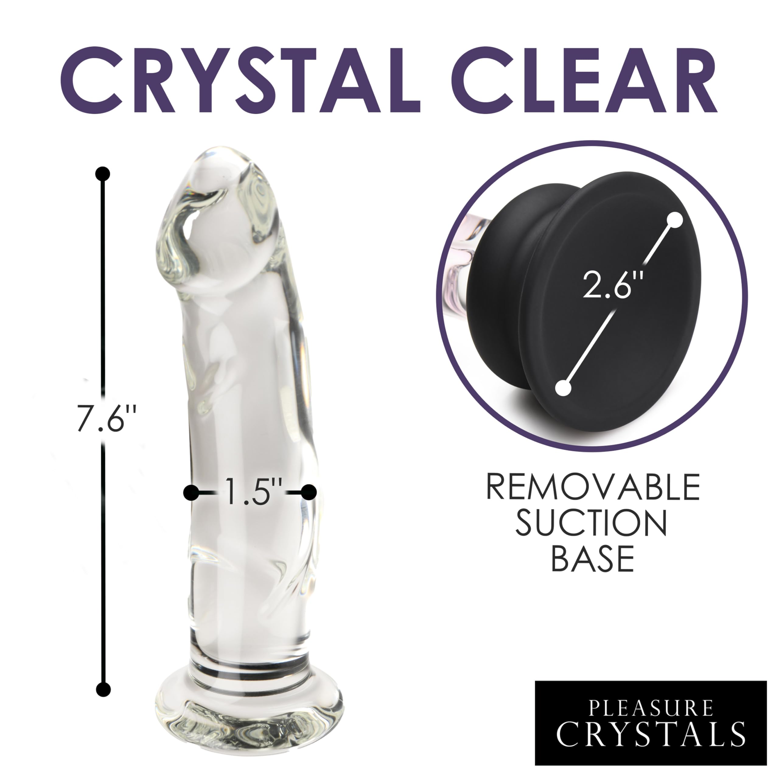Pleasure Crystals 7" Glass Dildo with Silicone Base for Men, Women & Couples. Realistic Texture, Includes Removable Silicone Suction Cup, Ideal for Temperature Play. 2 Pieces, Clear.