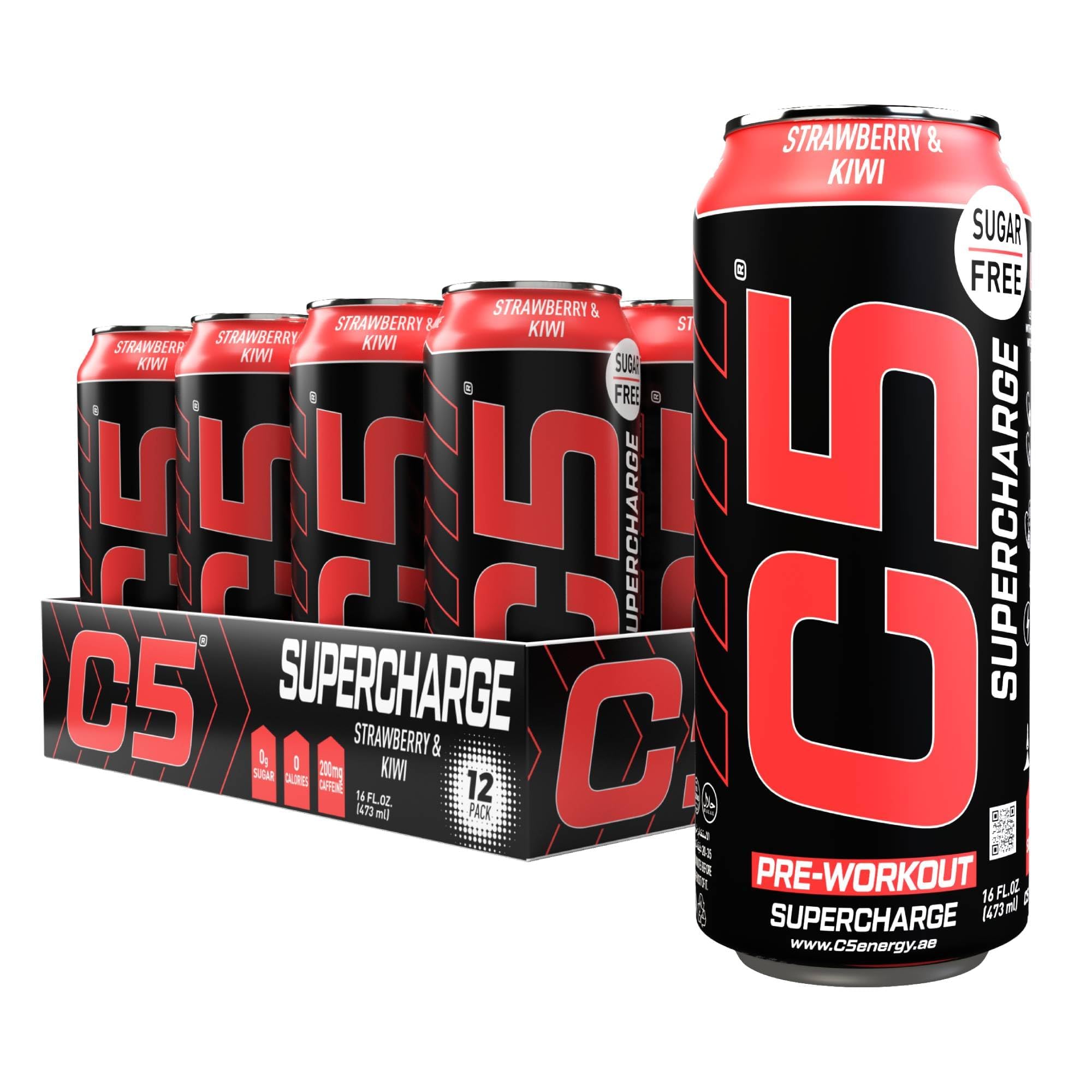 C5 Drink Supercharge Strawberry & kiwi Pre Workout Sugar Free, Zero Calories, 200mg Caffeine, Creatine Beta Alanine Citrulline Malate High-Performance Pre-Workout Booster Supplement Pack of 12