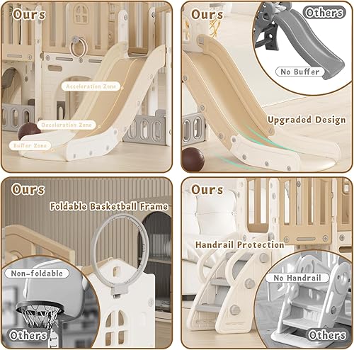 Miniatura 6 de KORIMEFA Juego de toboganes 8 en 1 para niños pequeños de 1 a 3 años, juego de escalador con aro de baloncesto y pelota, patio de juegos para niños