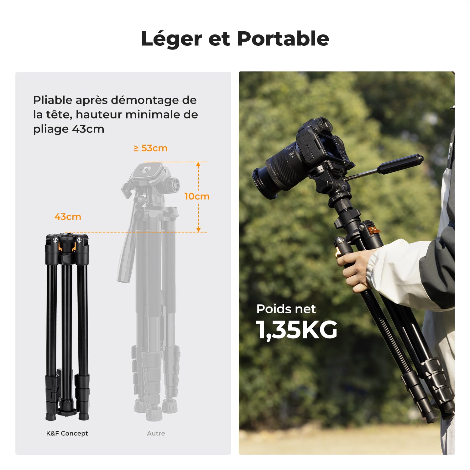 K&F Concept Trépied Vidéo 196cm avec Tête Pivotante 3 Voies