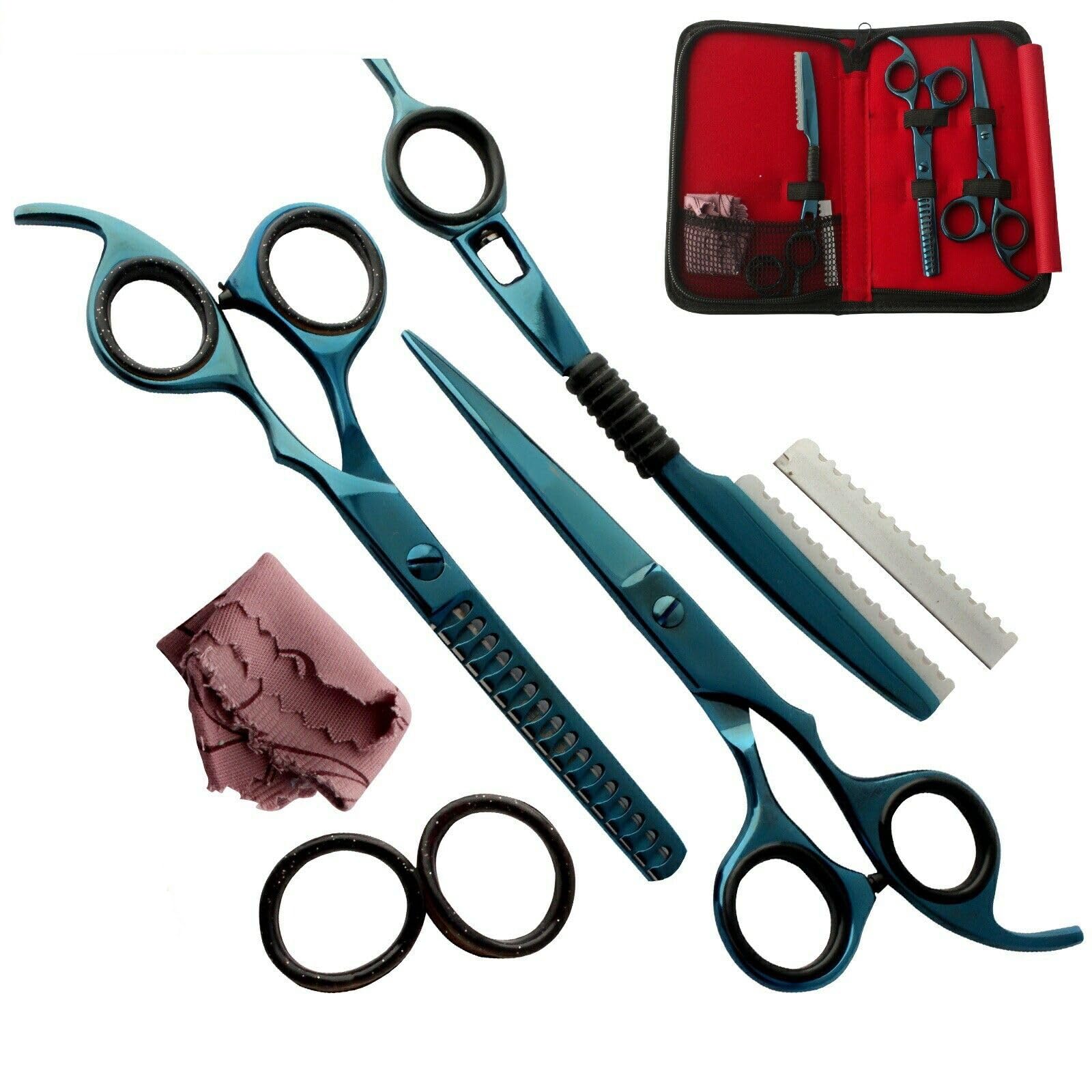 5,5 Zoll Haarschneideschere Effilierschere Set Edelstahl Friseurscheren Set für Friseur Haarschnitt Frisieren, Schwarz, 5 Zoll (Pink 6,25 Zoll)