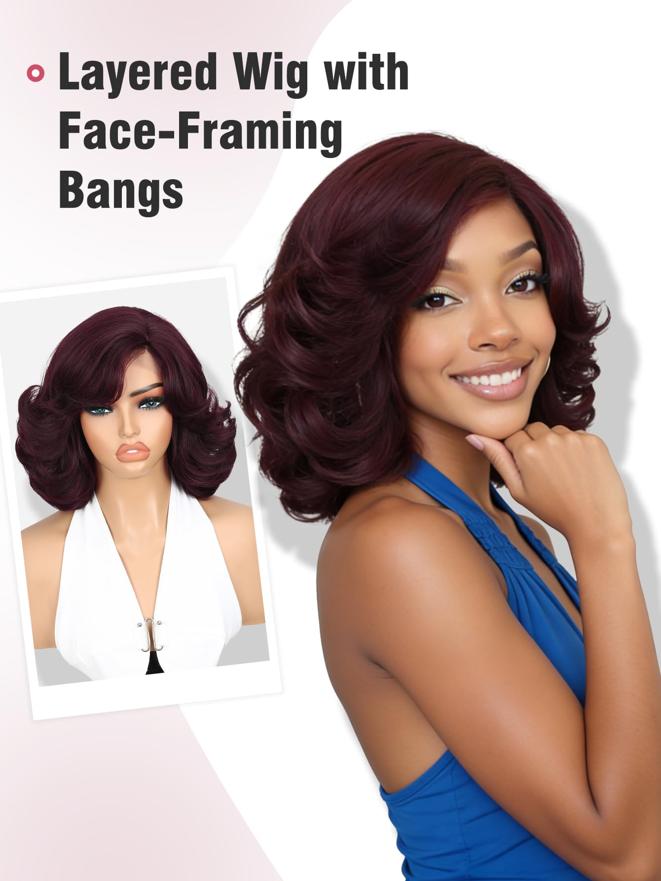 Photo 1 of Quantum Love Burgundy Curly Wig with Bangs Short Layered Yaki Wavy Shoulder Length Bob Wigs for Women Gluless Put and Go Synthetic Wig for Daily Wearn