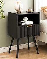 Vista 14 de Mesita de noche, moderna mesita de noche con cajón de almacenamiento y estante de madera abierta, para sala de estar, dormitorio y espacios Marrón