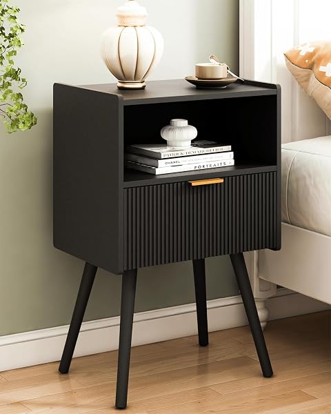 JOONEE Black Nightstand,Modern Bedside Table with Storage Drawer and Open Wood Shelf