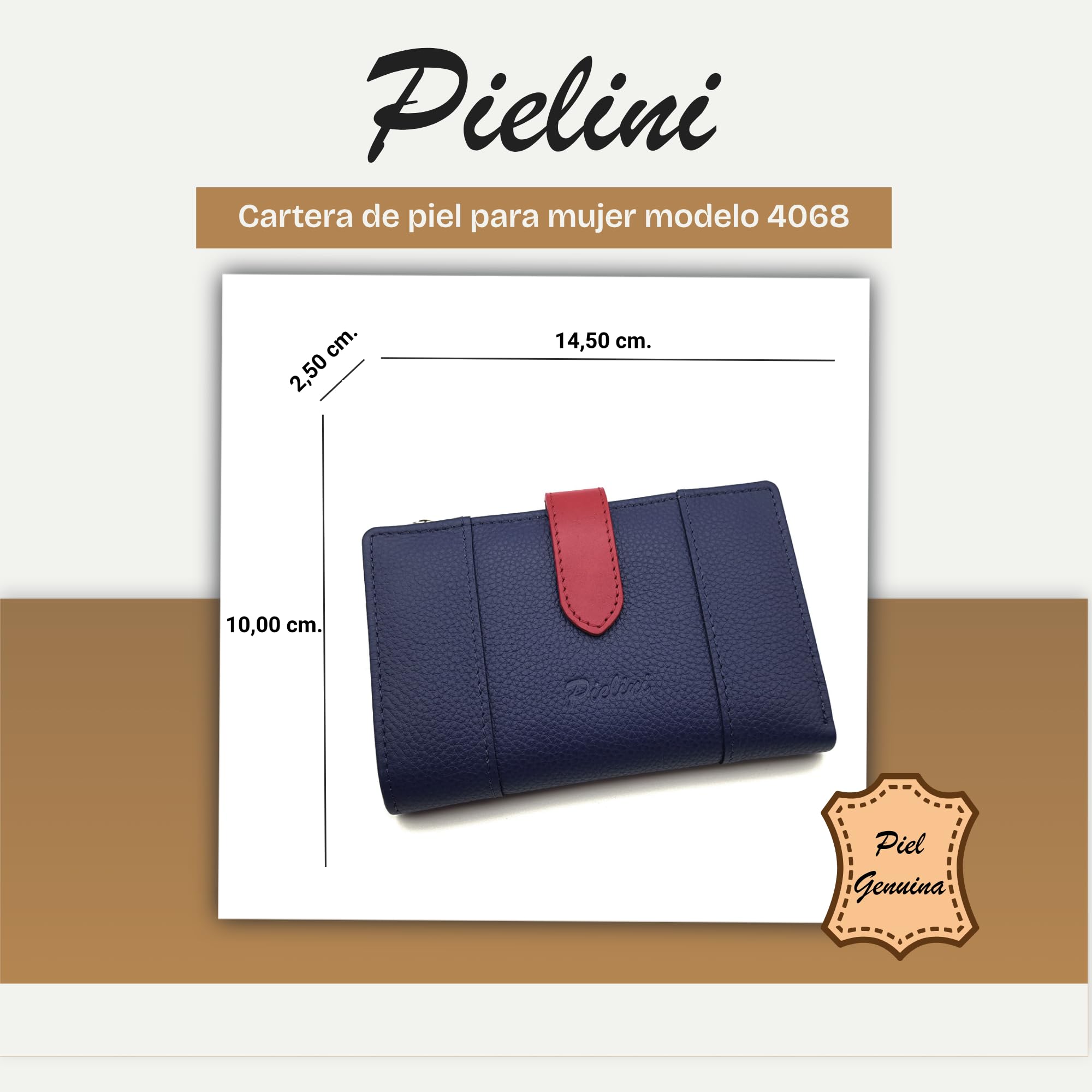 Pielini - Cartera de Piel para Mujer con Billetera y Amplio Monedero. Tarjetero de Cuero de Gran Capacidad - Cartera Cuero Modelo 4068 (Electrico)