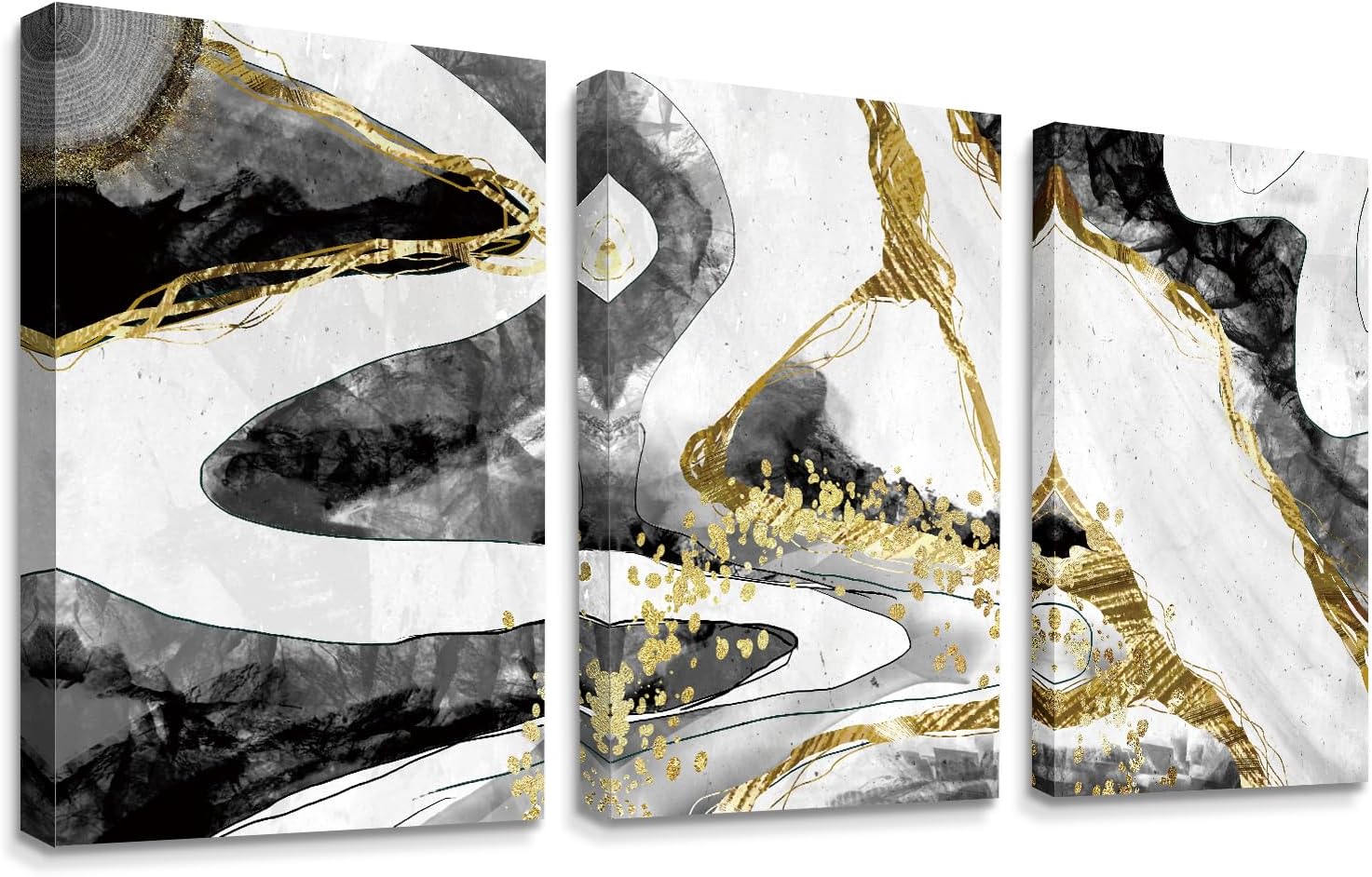 SCOAGE Abstract Wall Art Canvas Print Set Modern Artwork Black White Grey Gold Fluid Ink Pictures Wall Art Paintings for Living Room Bedroom Office Wall Art Decor Home Decor 16"x 24"x 3 Pieces Black Gold 16x24 inch x3 Panels