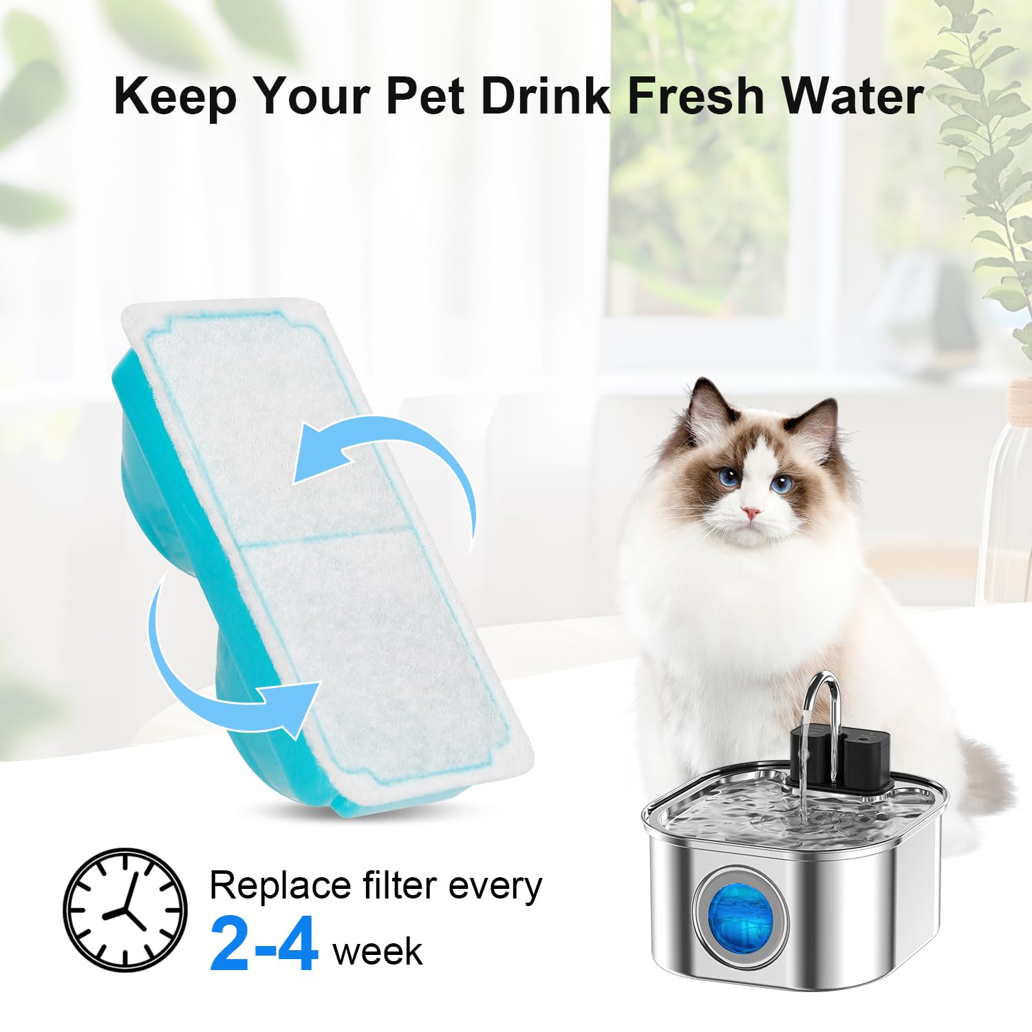 Cat Water Fountain Filter for 108oz/3.2L Wireless Cat Water Fountain,Battery Operated Stainless Steel Pet Fountain(6 Filter + 6 Sponge) - image 2