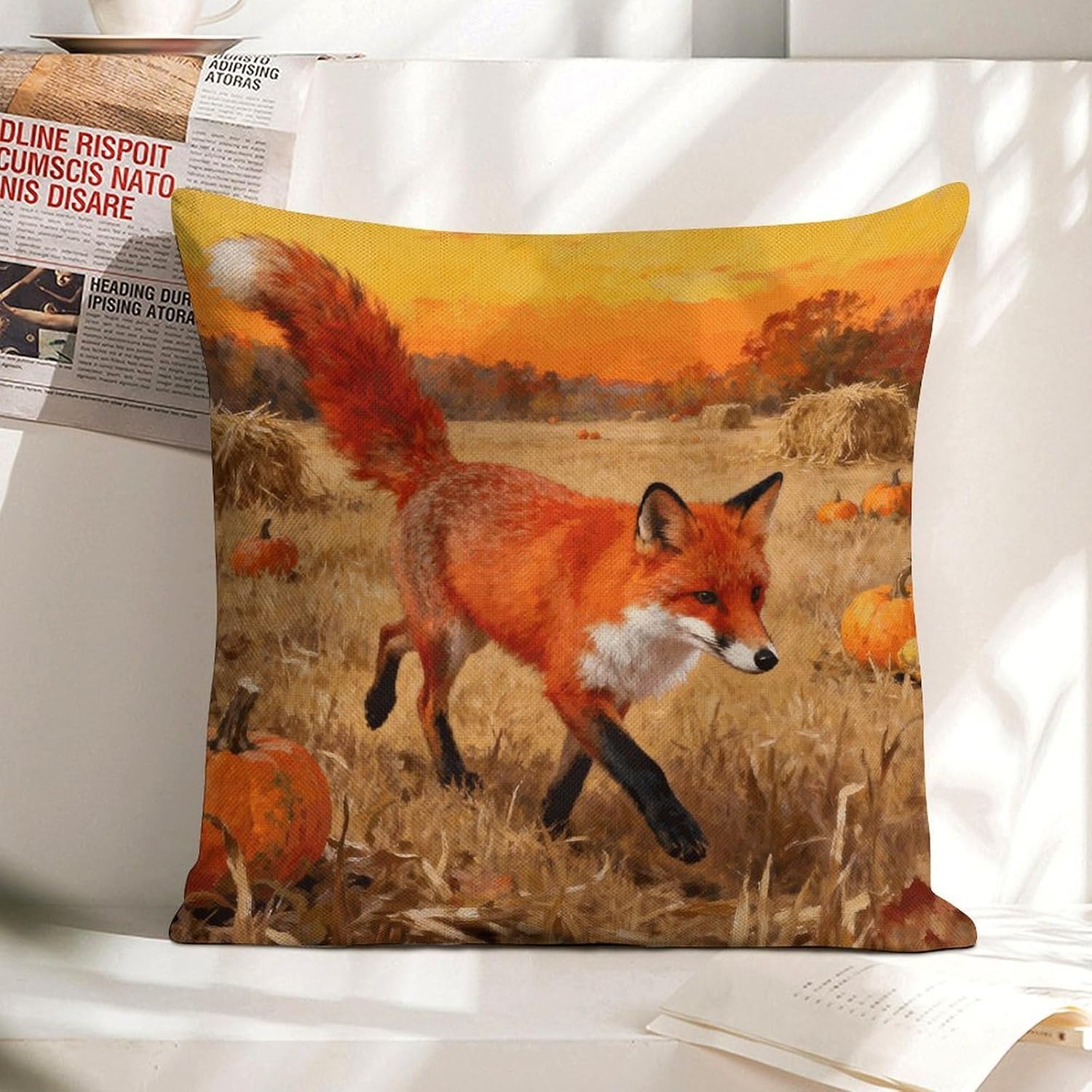 Orange Autumn Fox Shadow Pillow Protectors Cute Waterproof Pillow Cover Soft Skin-Friendly Cushion Case Decorative Square Cushion Cover for Couch Sofa Bed Living Room Bedroom