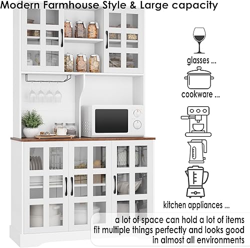 Miniatura 7 de Keyluv Armario de almacenamiento de despensa de cocina de 71 pulgadas de alto, gabinete de despensa independiente con puerta de vidrio de granja con