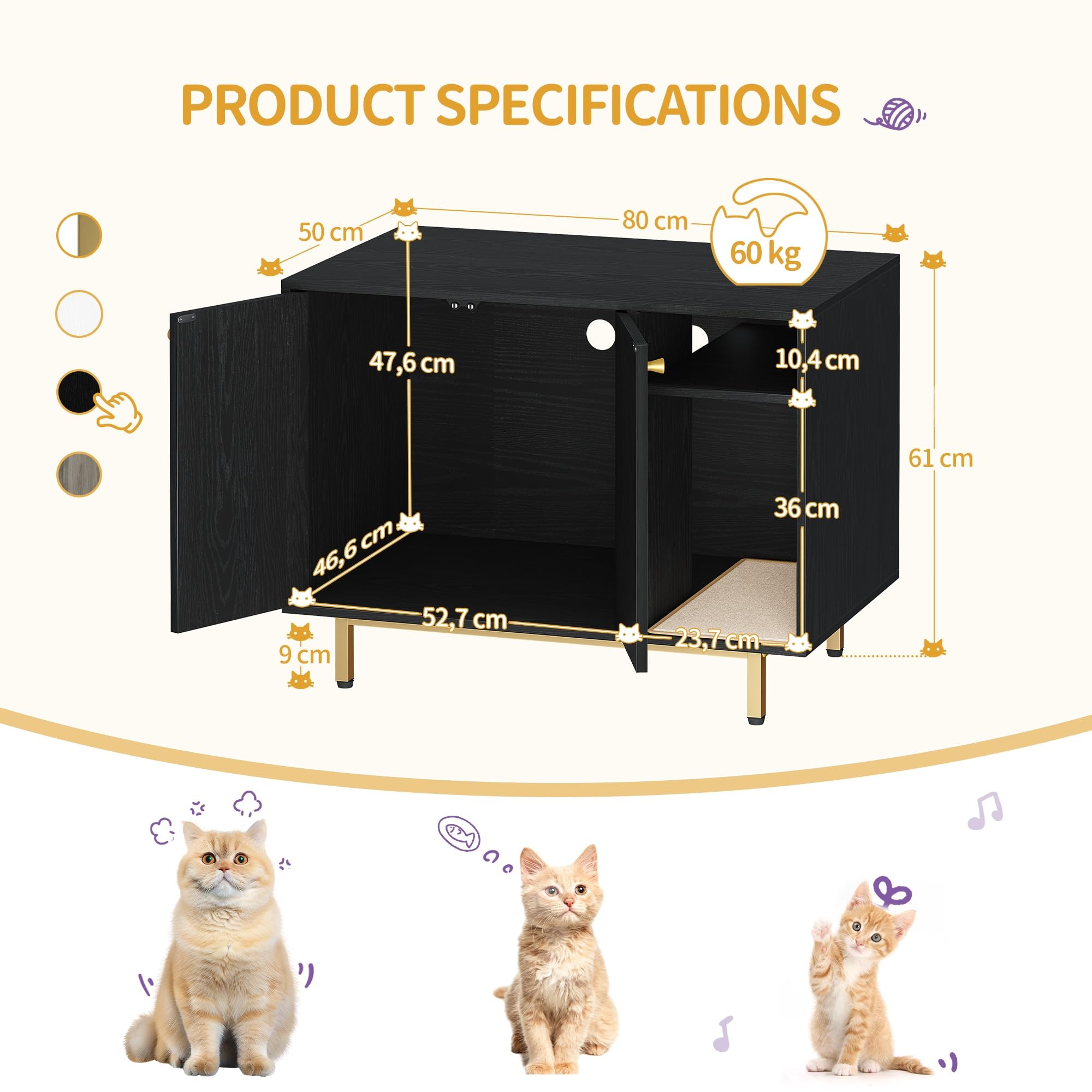 Hzuaneri Mobile Lettiera per Gatti, Mobiletto Lettiera Gatto, Casa per Gatto Multifunzione, Con Porta e Divisorio Separato, Armadietto per Gatti, Facile da Montare, Nero e Oro CB01504G