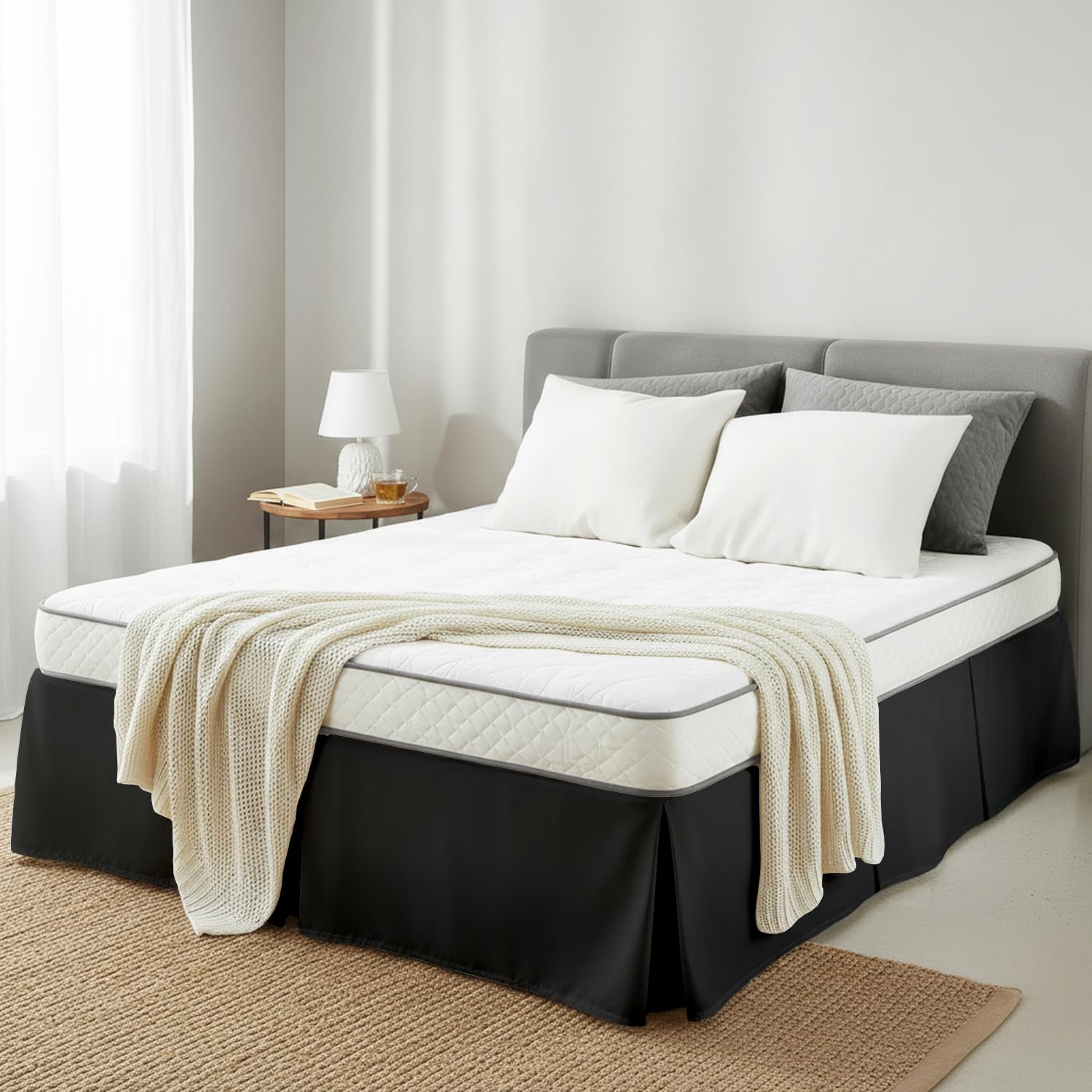 Base Valance Sheet Black, Super King, 100% Pure Cotton, Perfectly Fits Under the Mattress, Pleated Base Bed Skirt +35cm Drop Size: 180x 200 +35cm