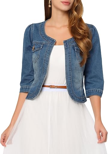 Allegra K Women's Denim Cardigan 3/4 Sleeve Collarless Jean Jackets