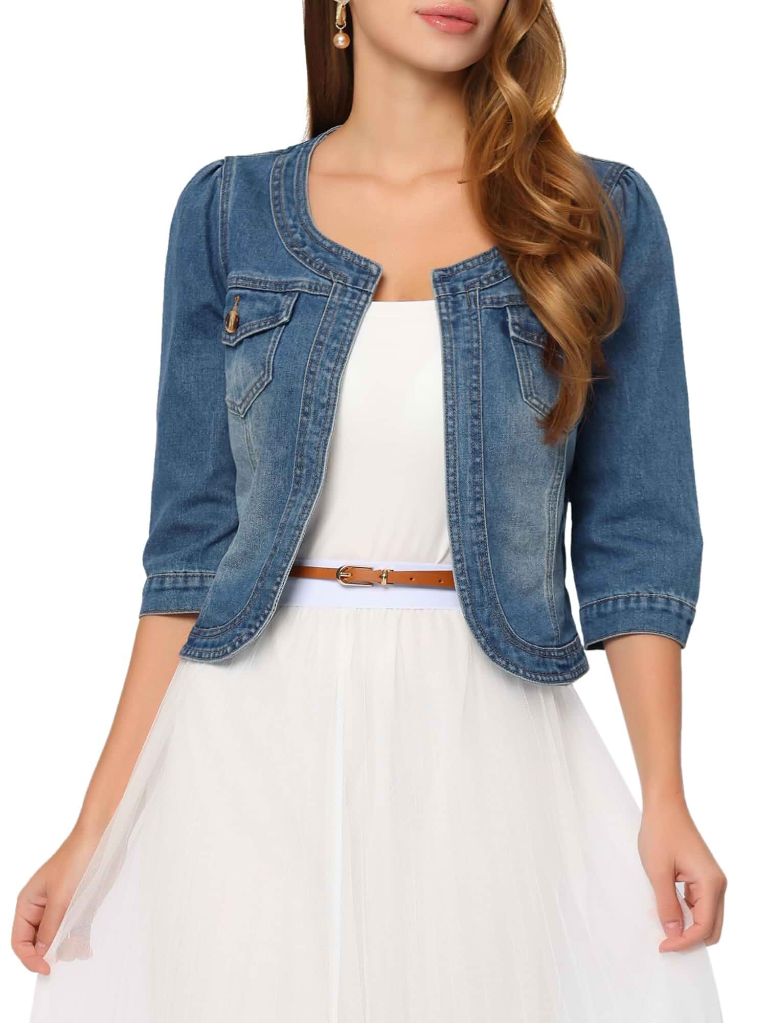 Allegra K Women's Denim Cardigan 3/4 Sleeve Collarless Jean Jackets Round Neck, Chest Pockets, Cropped Length, Open Front, Casual Jean Jacket