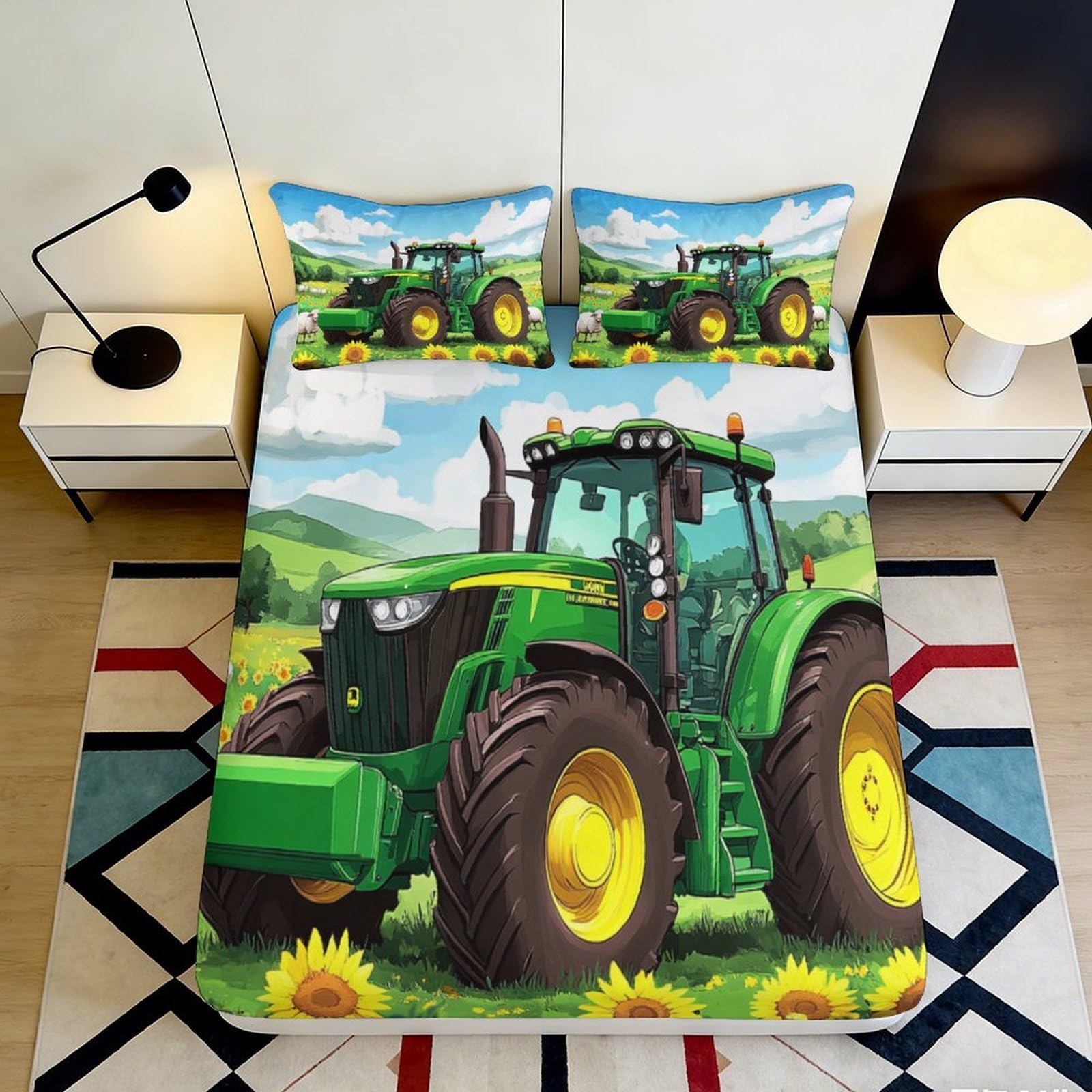 3D Printed Green Tractor Fitted Sheet Microfiber Soft Farm Landscape Bed Cover for Bedroom Dorm Mattress Protector 90x200x25cm