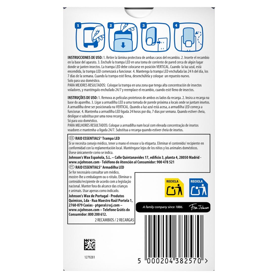 Raid Essentials 2 x Recambio para Trampa LED Antimoscas, Antimoscas de Fruta y Antipolillas, Sin Insecticida, Protección 24/7 contra Insectos Voladores, para Uso Interior, Paquete de 2.