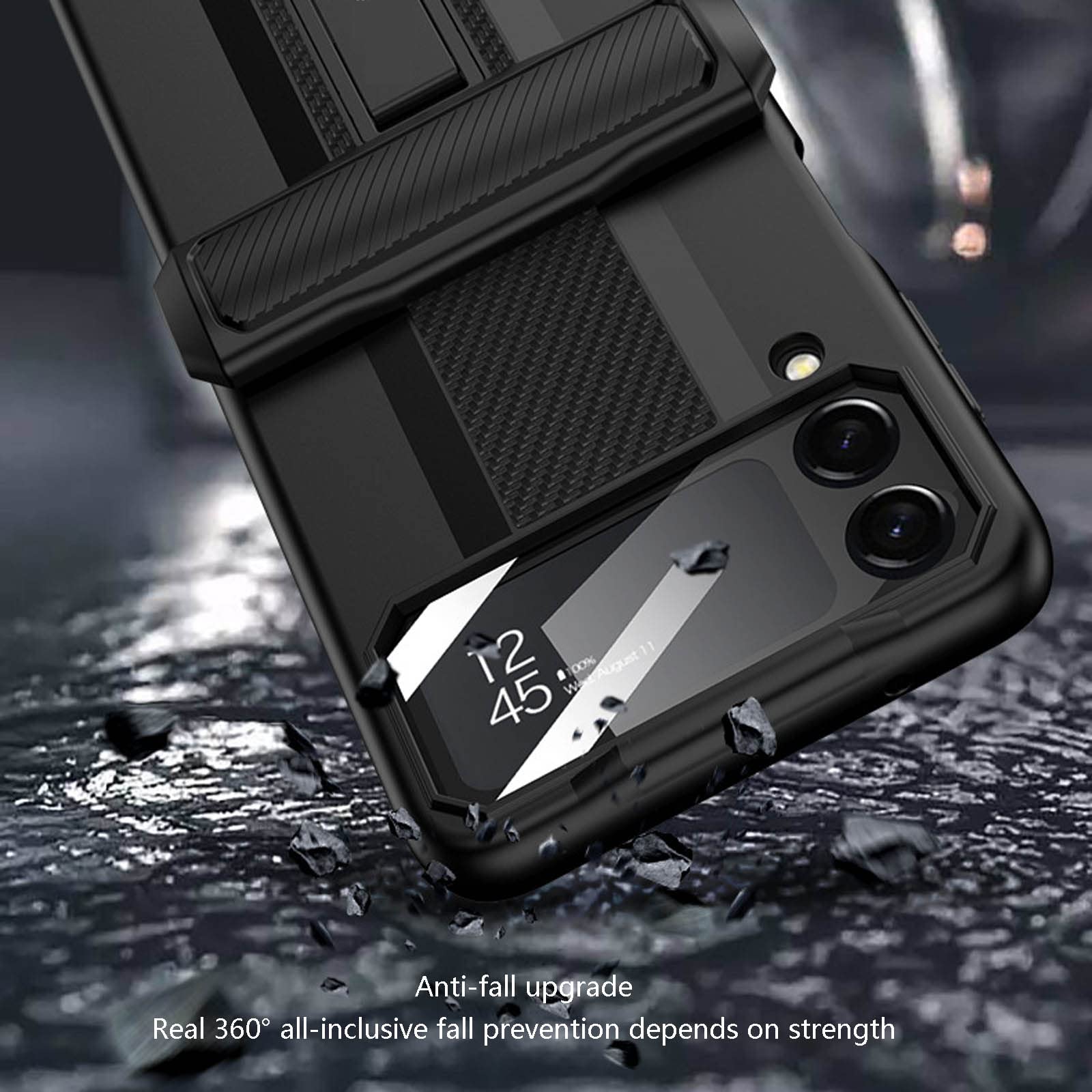 Etui do Samsung Galaxy Z Flip 4, ochrona zawiasów, wytrzymałe etui pancerne z ochroną aparatu i podpórką, odporne na wstrząsy, odporne na zarysowania, czarne