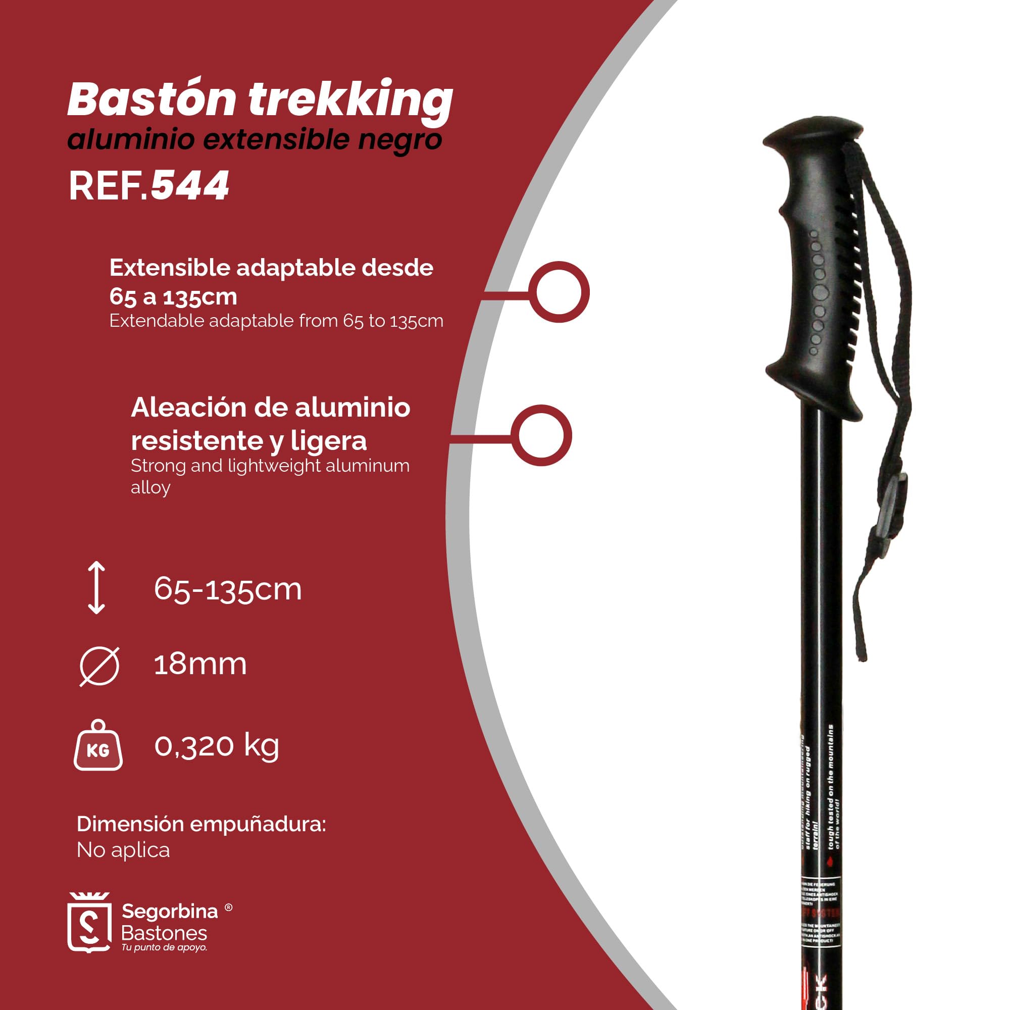 Bastone da trekking estensibile in alluminio, colore nero (544)