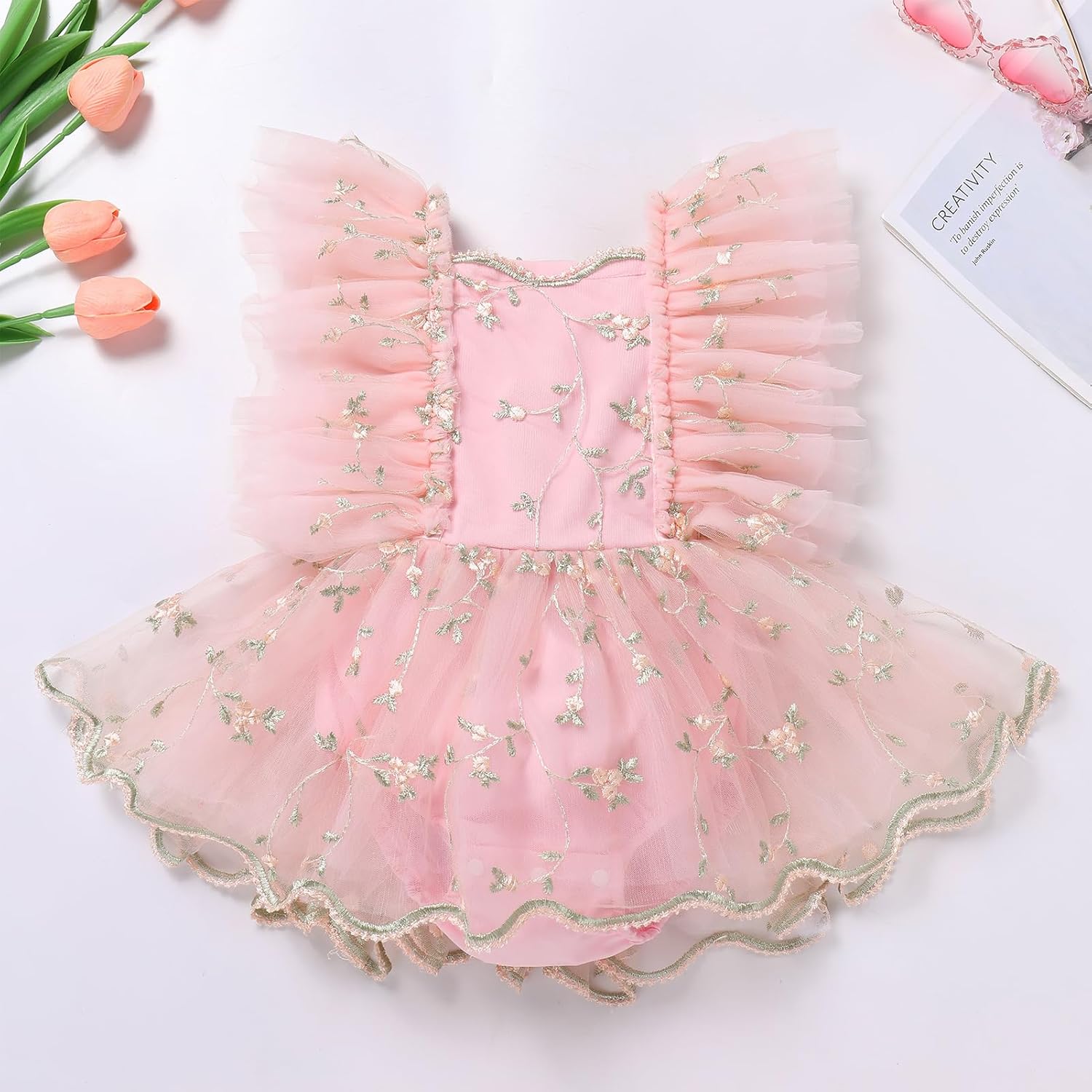 ODASDO Baby Girl Floral Embroidery Tulle Tutu Princess Romper Dress First Birthday Cake Smash Outfit with Bowknot Headband - Image 4