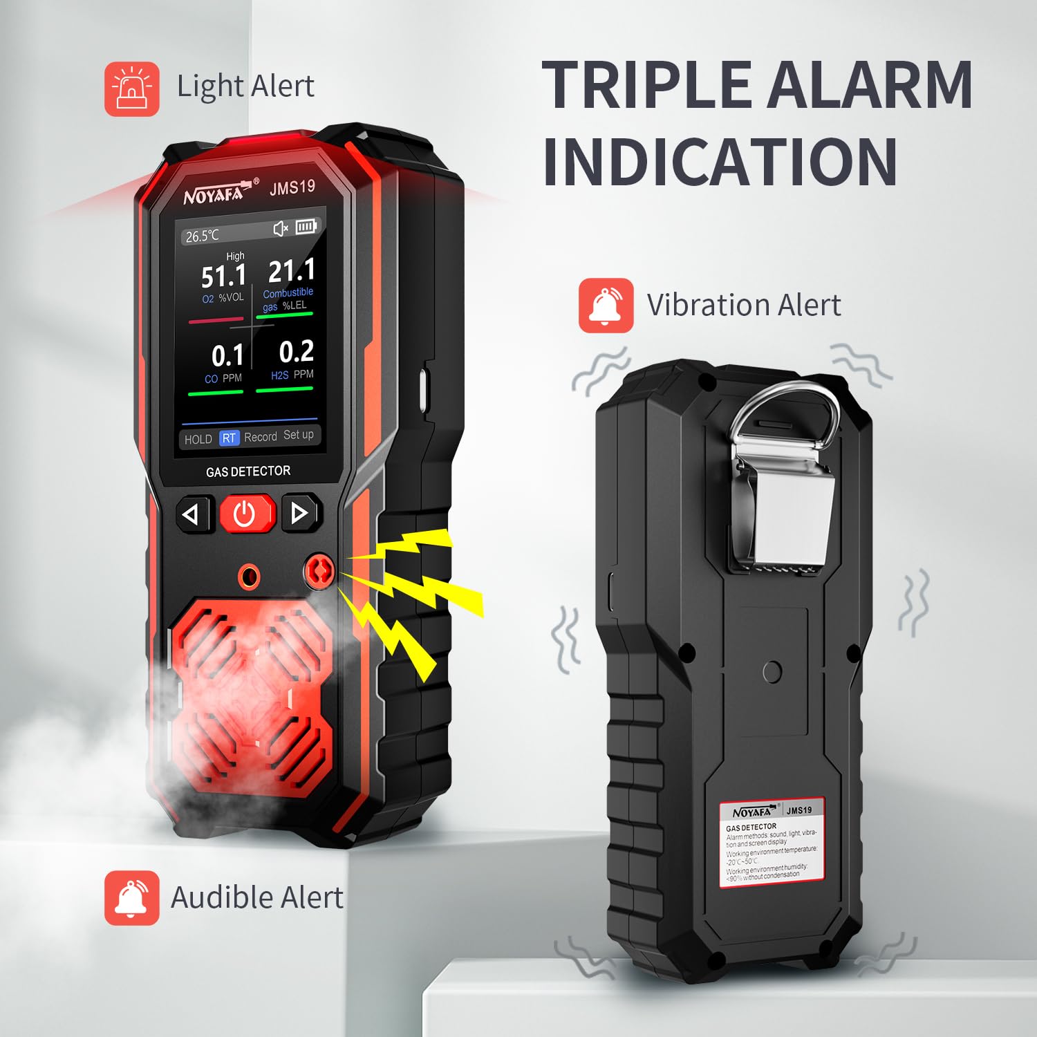 Image showing the NOYAFA JMS19 Gas Detector with icons for light, audible, and vibration alerts