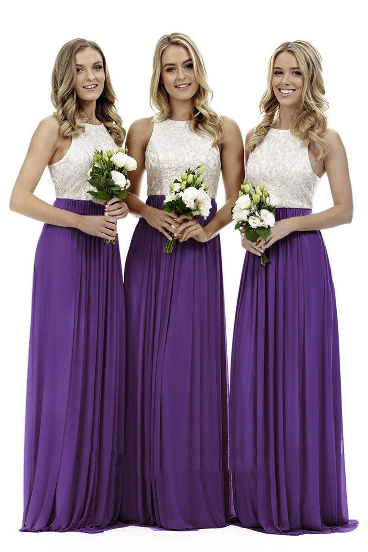 WTW Women's Long Chiffon Lace Party Ball Prom Bridesmaid Dress-Purple-24