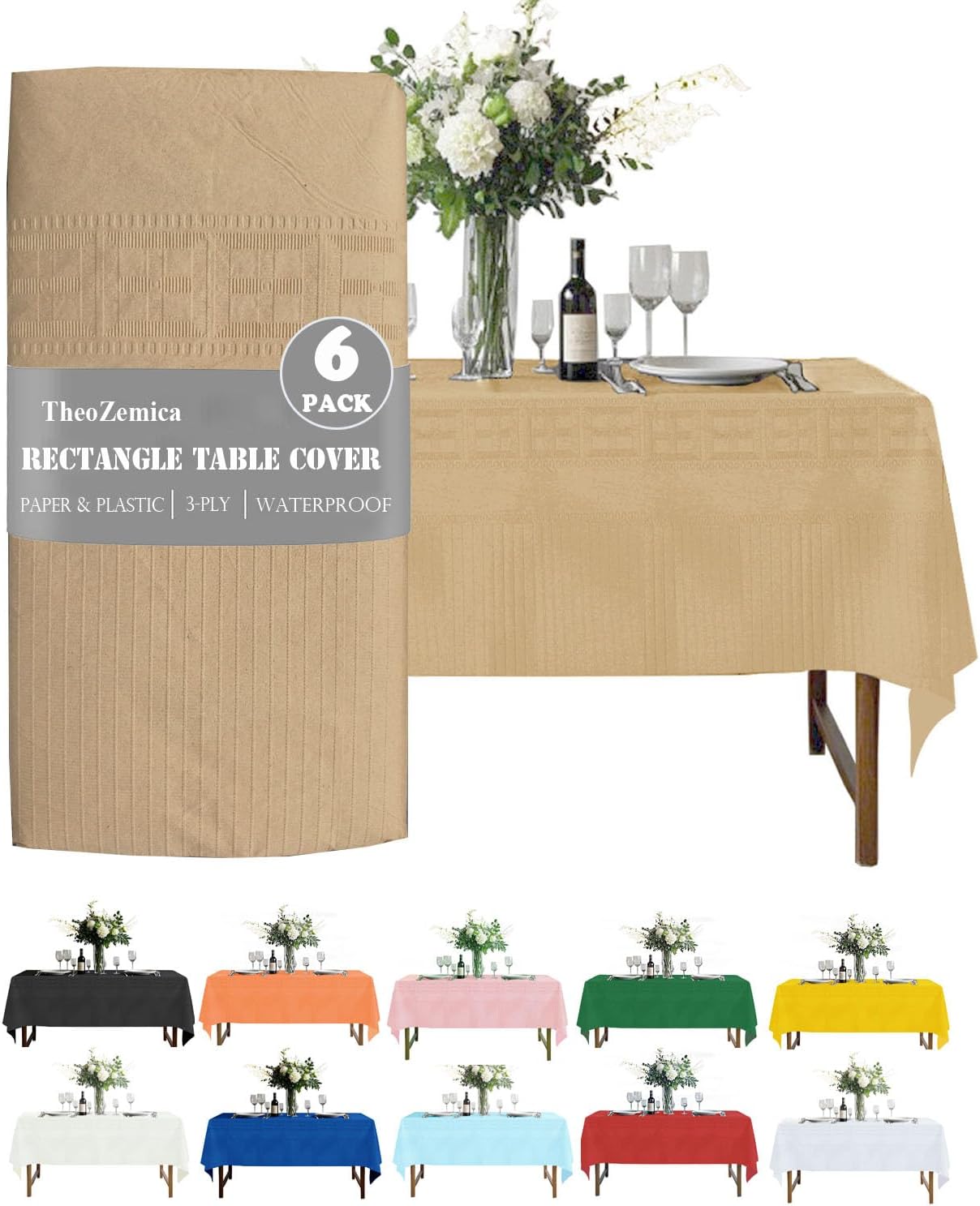 6 Pcs Disposable Table Covers for Party, 54×108 Inch Kraft Paper Tablecloth Rectangular, Waterproof 3 Ply Paper & Plastic Table Cloth for Graduation Decorations Birthday Banquet Buffet
