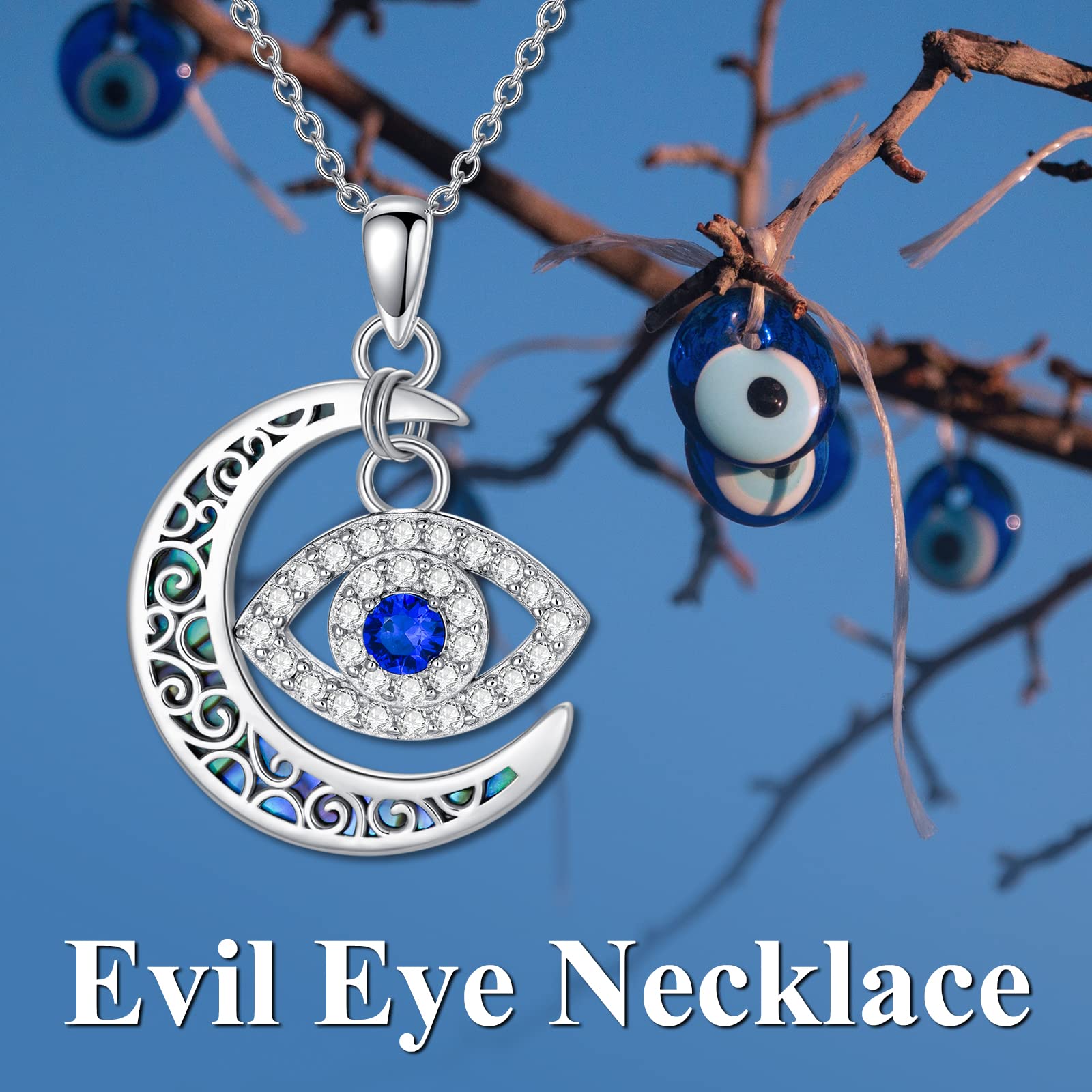 VONALA Böser Blick Halsketten Sterling Silber Mond Türkisches Böser Blick Nazar Boncuk Anhänger Halskette mit Abalone Muschel Religiöser Schutz Schmuck Amulett Geschenke für Damen