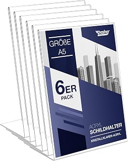 Acryl Aufsteller L-Form A5 6er-Pack, Transparenter Rahmen Hochformat für Schilder, Broschüren, Flyer, Menüs, Werbung, Poster, Schräger Kunststoff Tischaufsteller Display für Zuhause, Büro, Geschäft