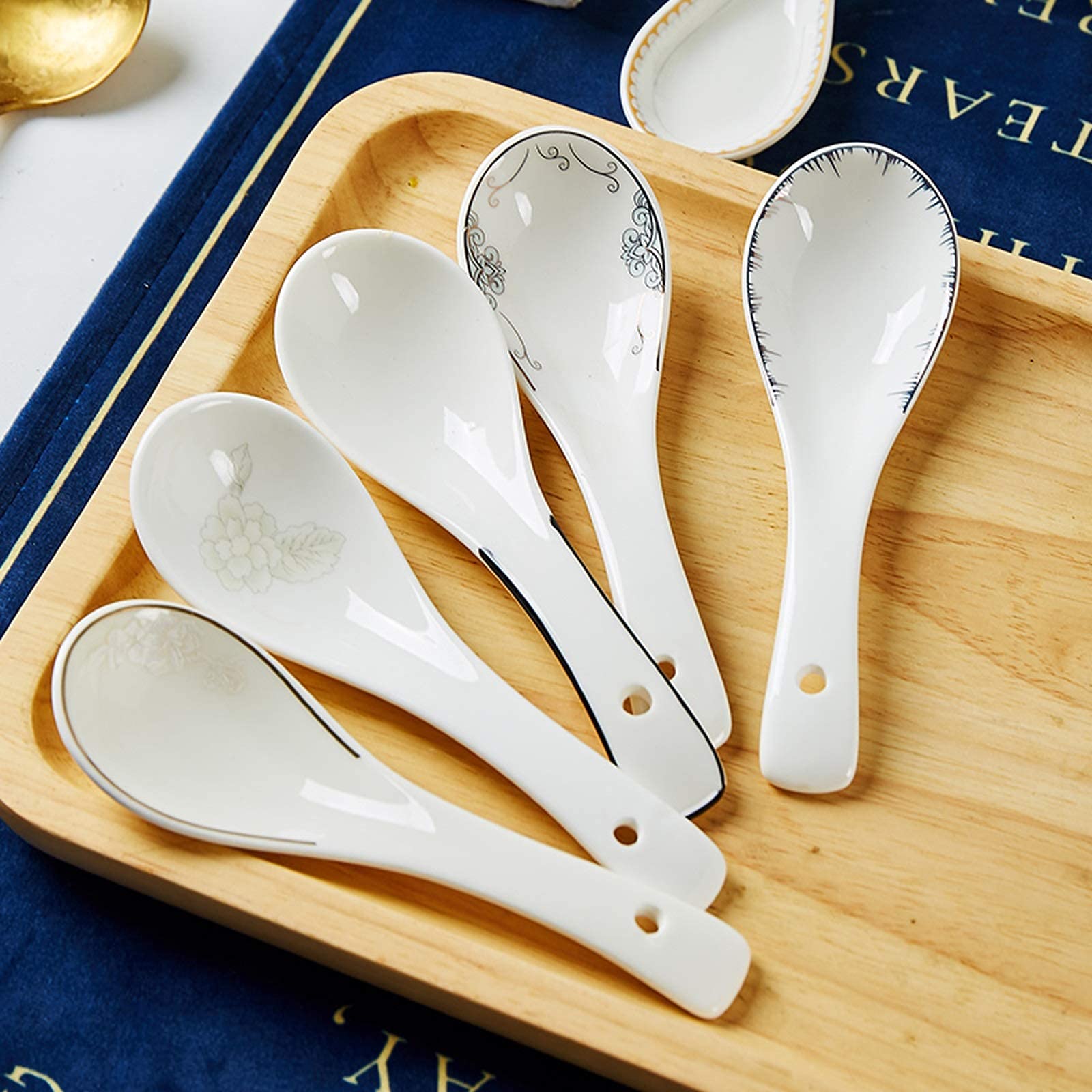 Zestaw łyżek obiadowych, 10 sztuk, małe ceramiczne łyżki do zupy, prosta łyżka z porcelany kostnej, miska i spodek, zestaw naczyń Jingdezhen, łyżka obiadowa/garnek do zupy (kolor: D) (F)