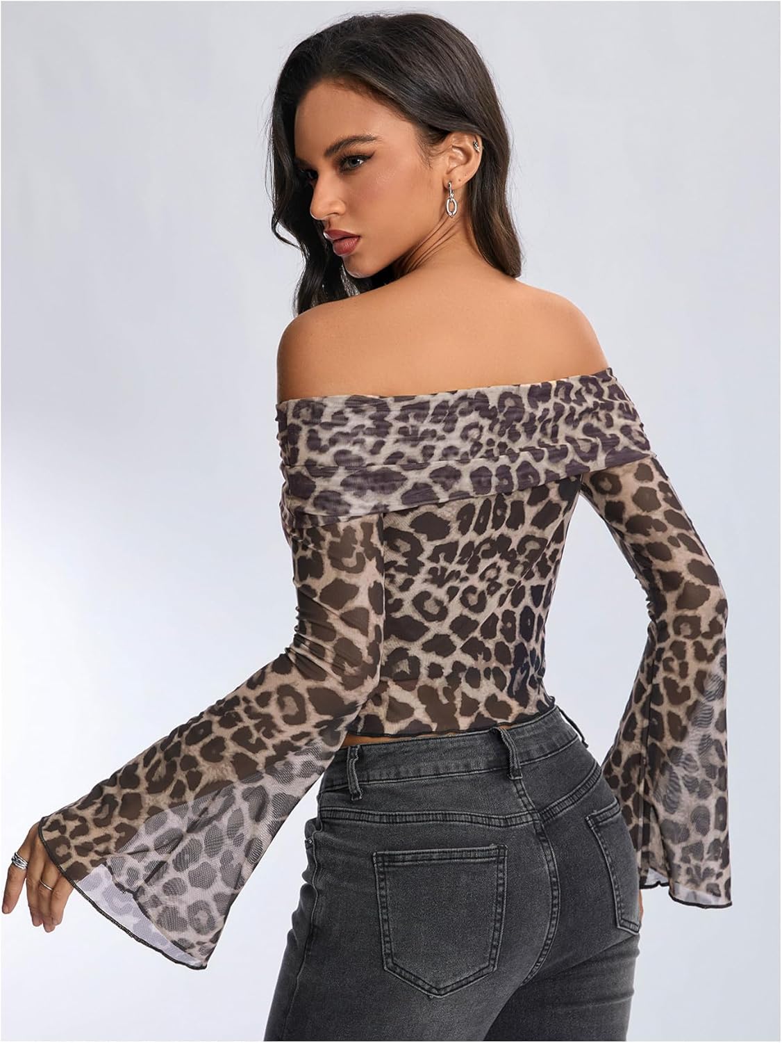 MakeMeChic Women's Y2K Fall Cheetah Print Crop T-Shirt Off The Shoulder Long Sleeve Tops - Image 2